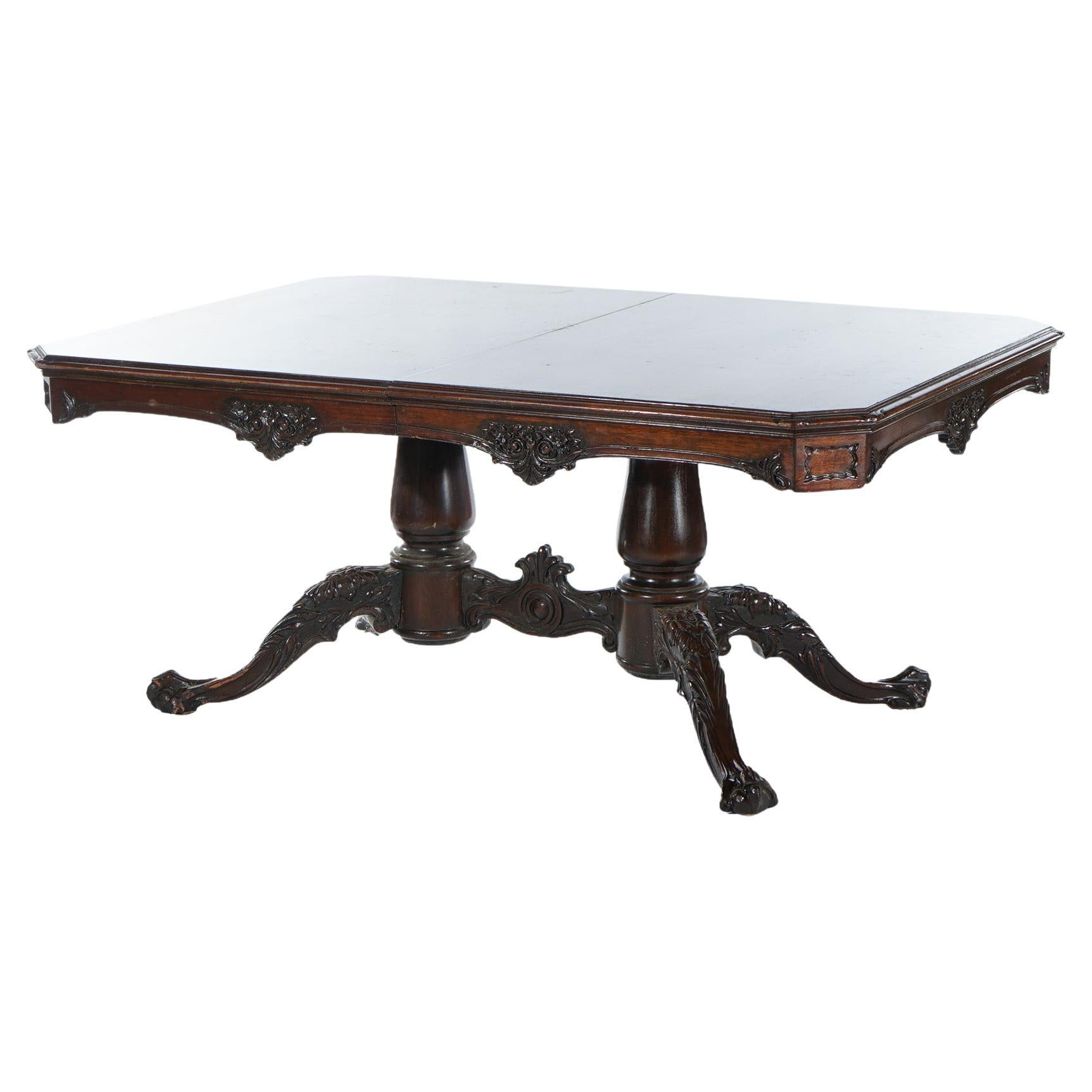 Antique Chippendale Carved Mahogany Double Pedestal Dining Table Circa 1930 For Sale