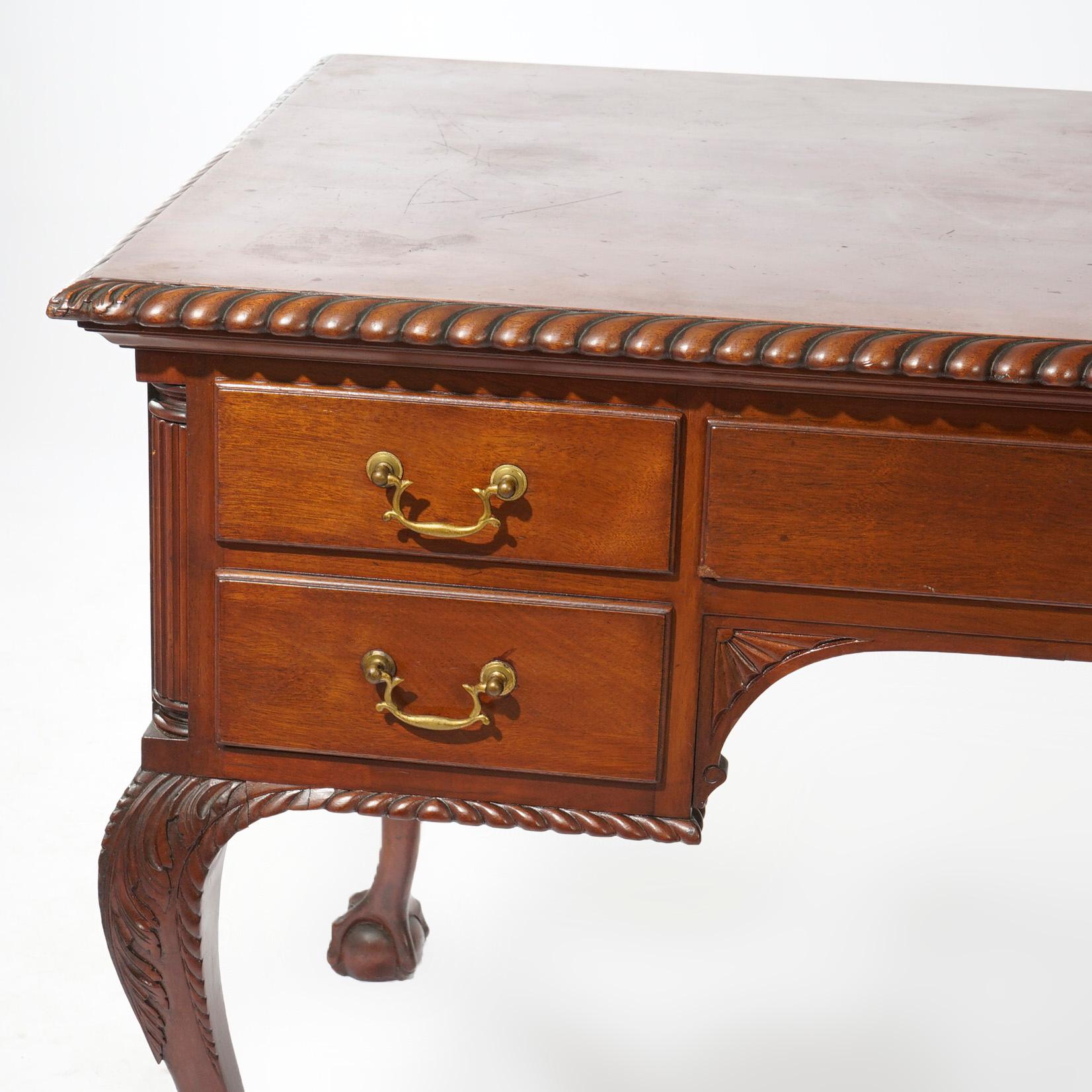 Antique Chippendale Carved Mahogany Knee Hole Desk, Claw & Ball Feet, C1920 For Sale 5