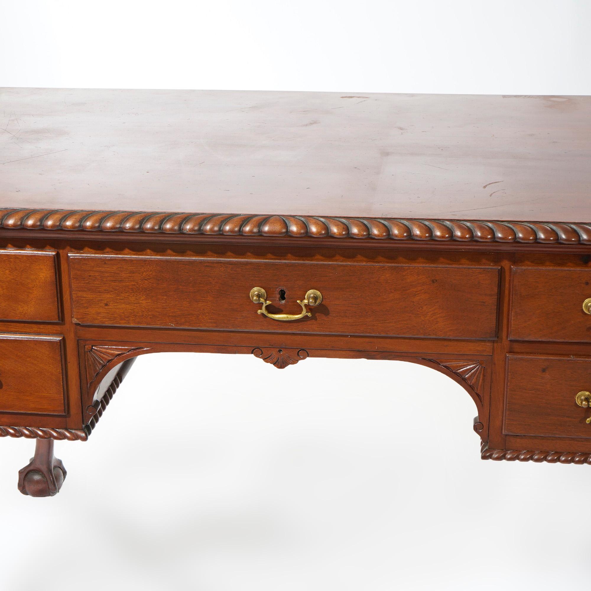 Antique Chippendale Carved Mahogany Knee Hole Desk, Claw & Ball Feet, C1920 For Sale 6