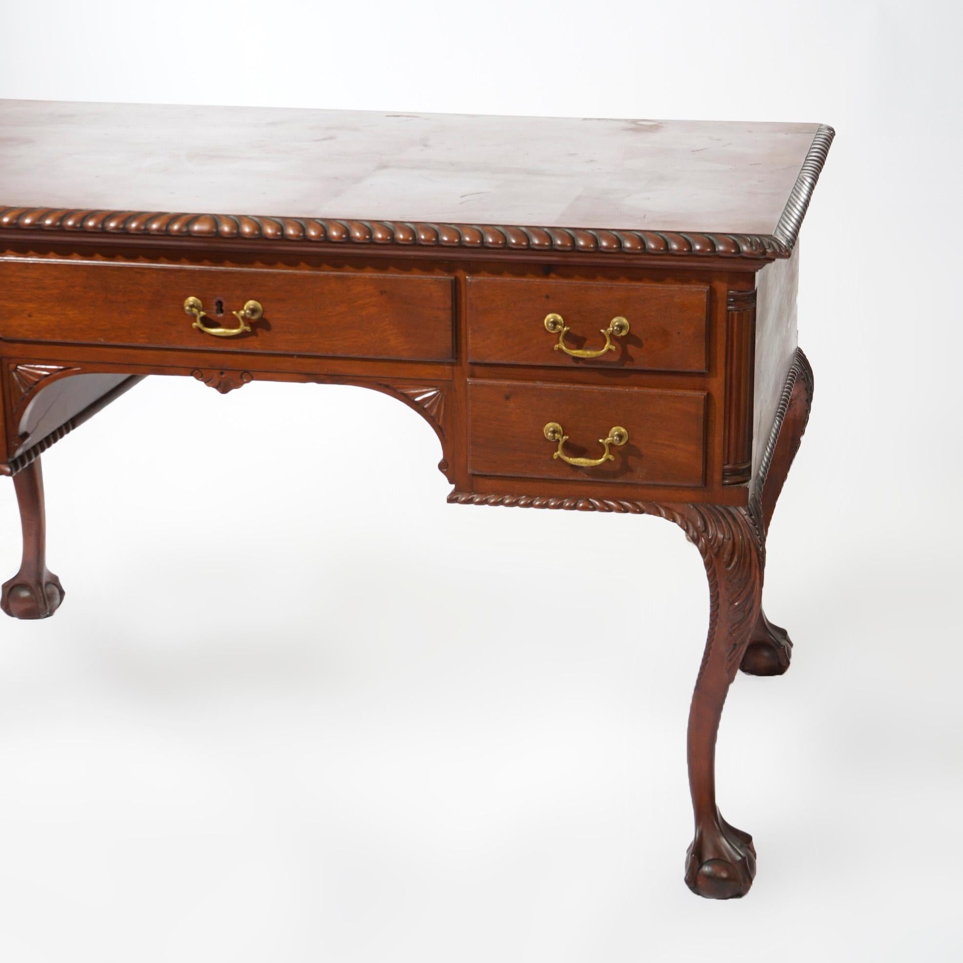 Antique Chippendale Carved Mahogany Knee Hole Desk, Claw & Ball Feet, C1920 For Sale 7