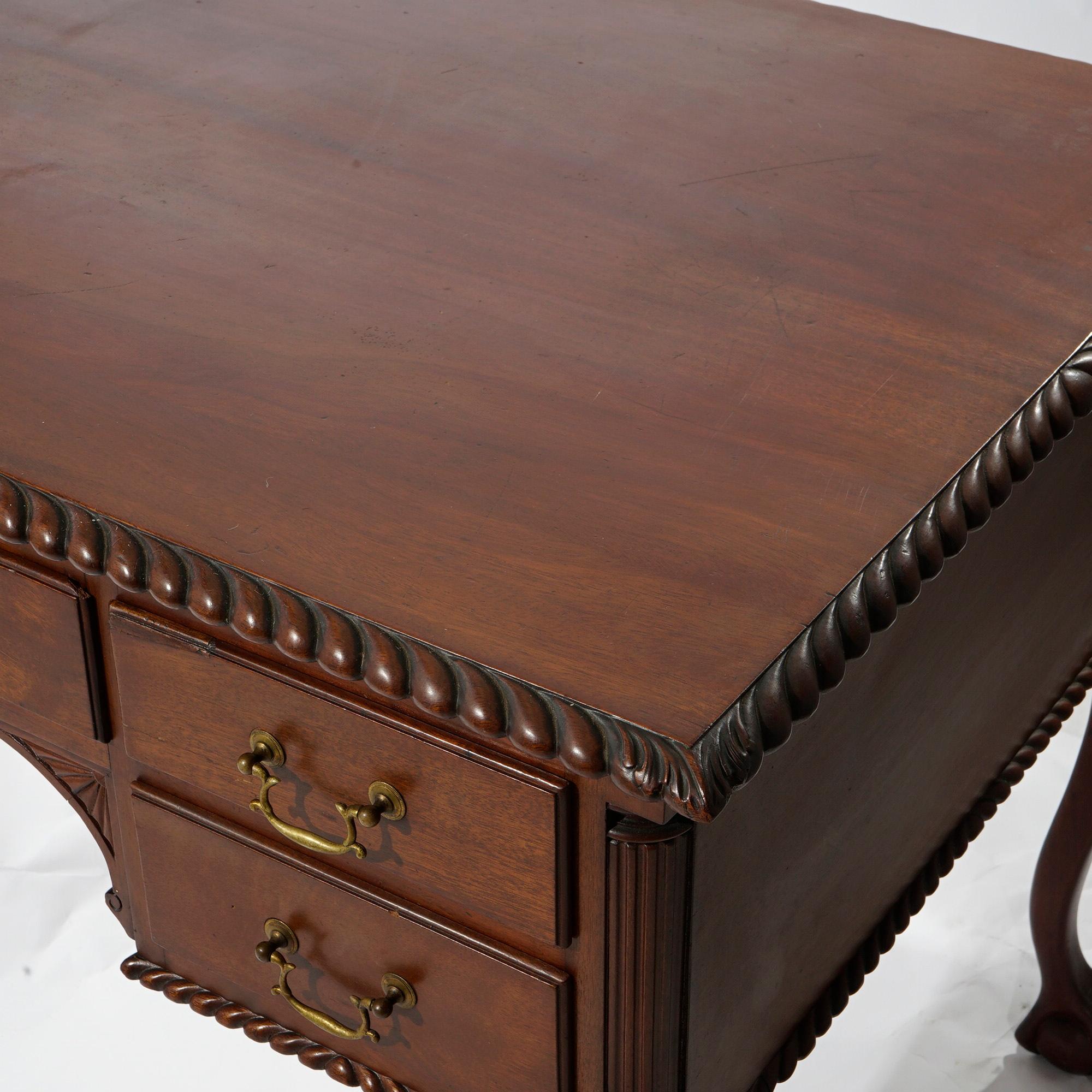 Antique Chippendale Carved Mahogany Knee Hole Desk, Claw & Ball Feet, C1920 For Sale 11
