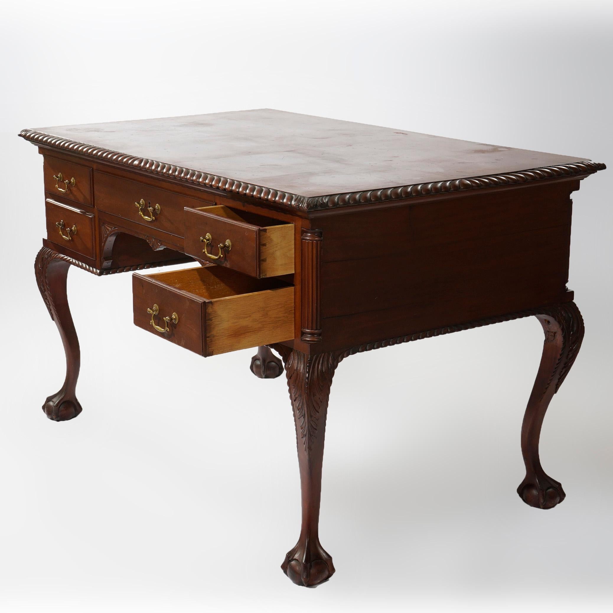 20th Century Antique Chippendale Carved Mahogany Knee Hole Desk, Claw & Ball Feet, C1920 For Sale