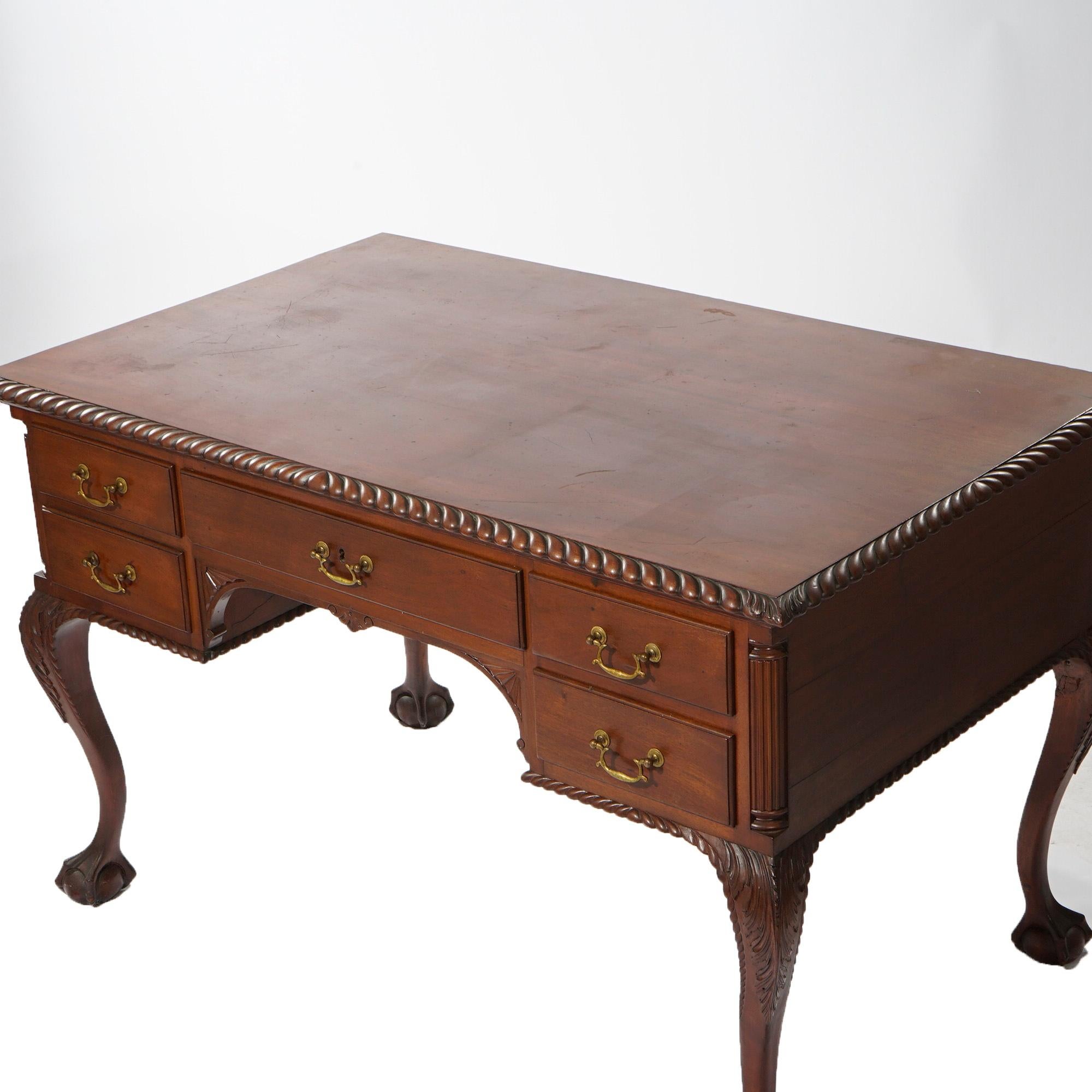Antique Chippendale Carved Mahogany Knee Hole Desk, Claw & Ball Feet, C1920 For Sale 3