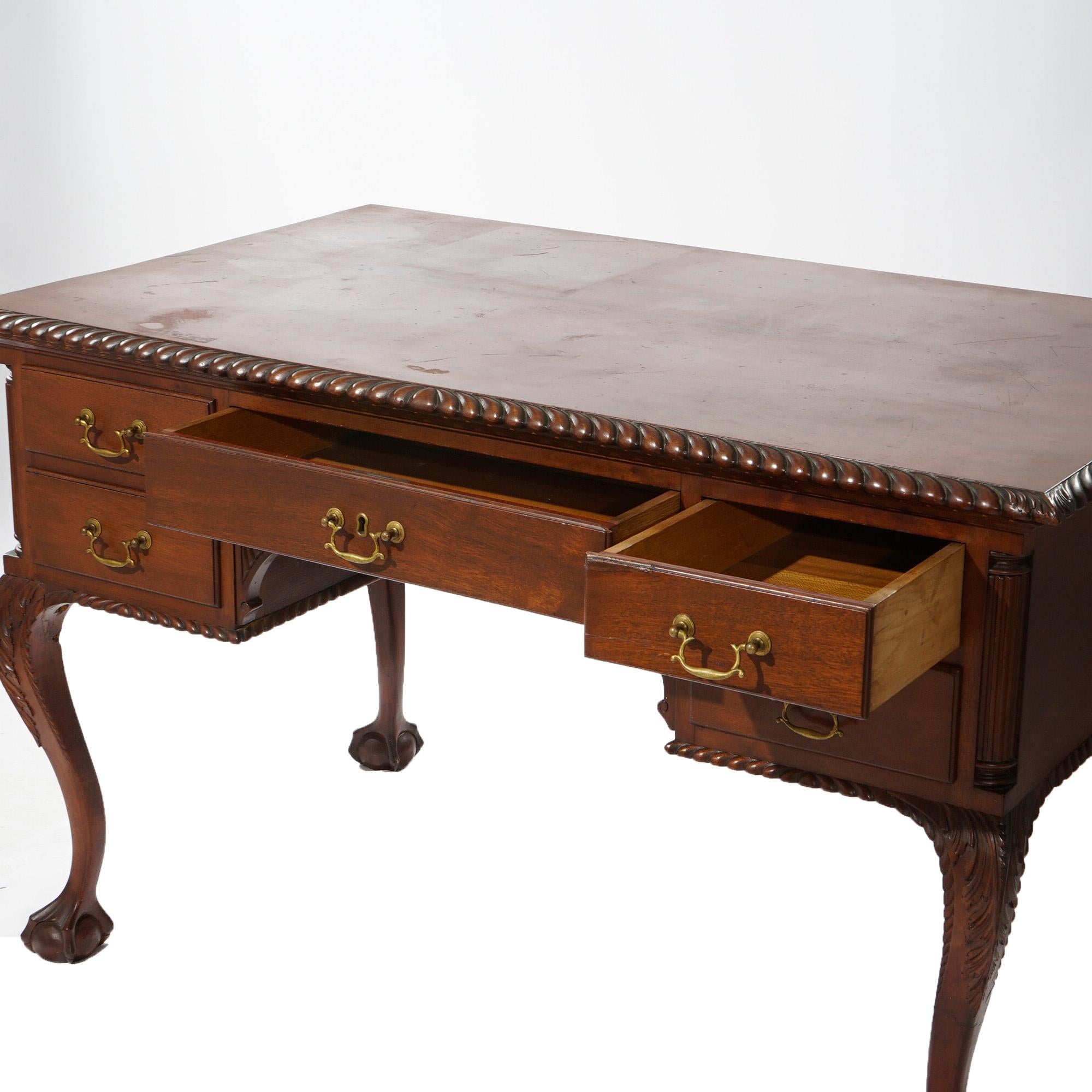 Antique Chippendale Carved Mahogany Knee Hole Desk, Claw & Ball Feet, C1920 For Sale 4