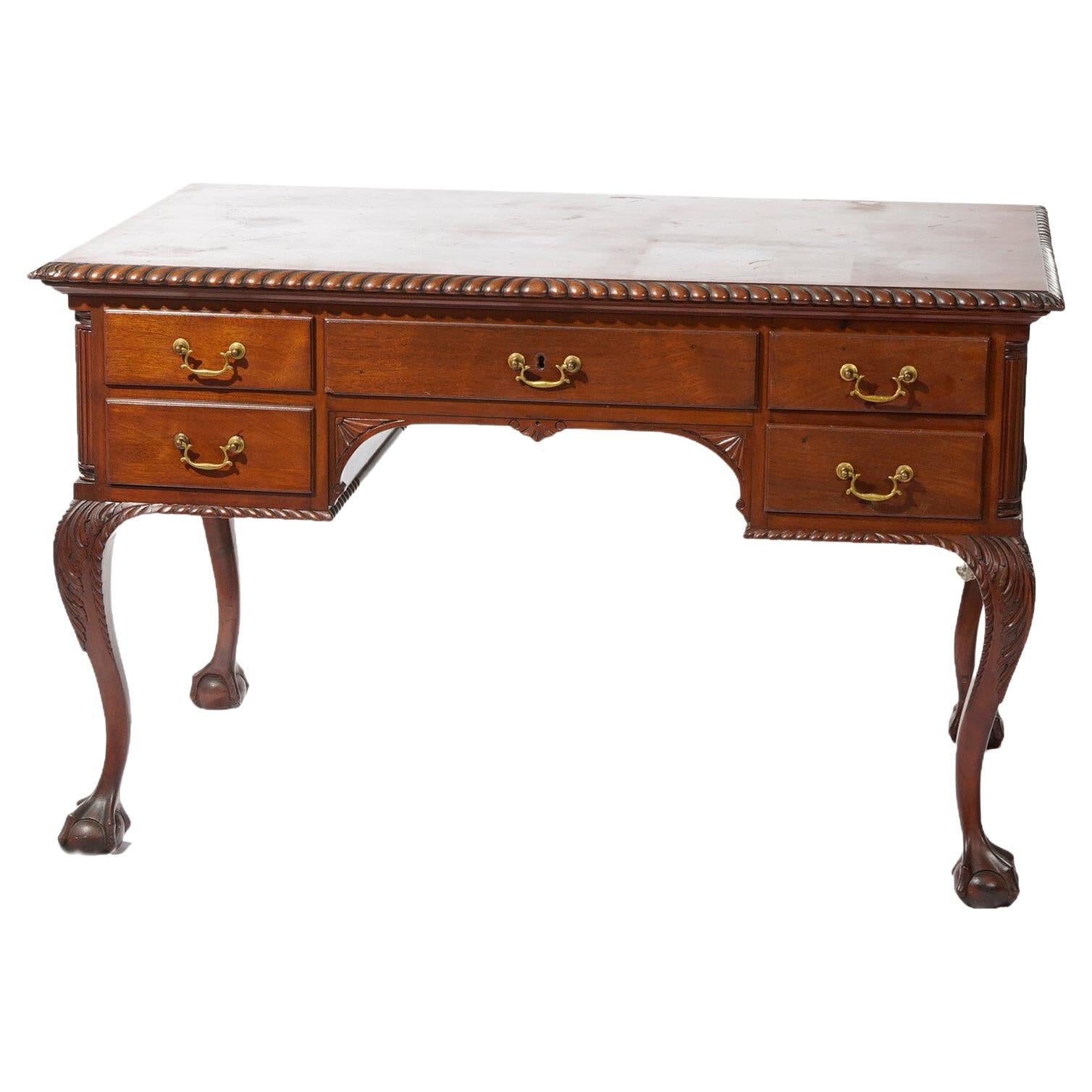 Antique Chippendale Carved Mahogany Knee Hole Desk, Claw & Ball Feet, C1920 For Sale
