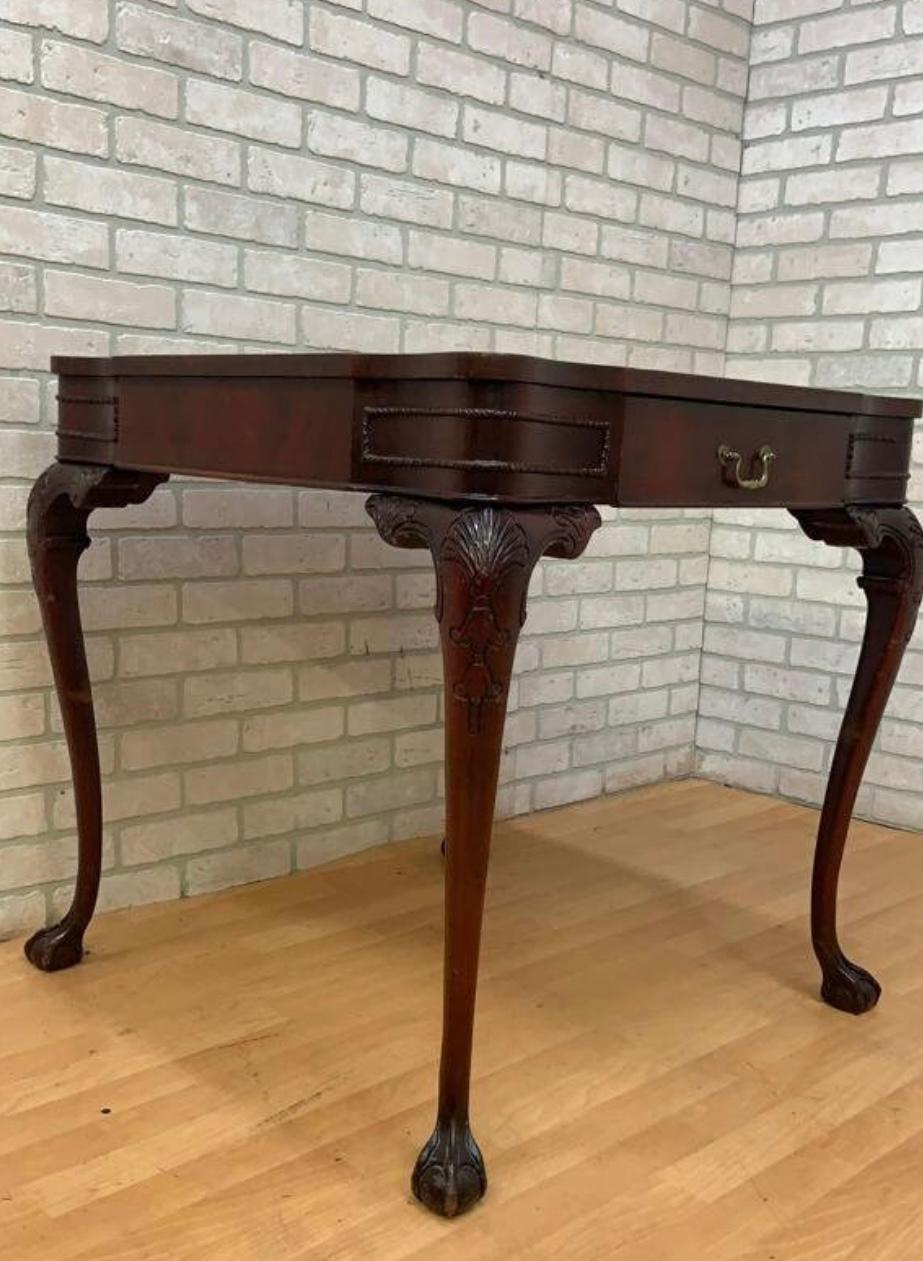 Antique Chippendale Carved Mahogany Single Drawer Leather Top Game Table For Sale 4