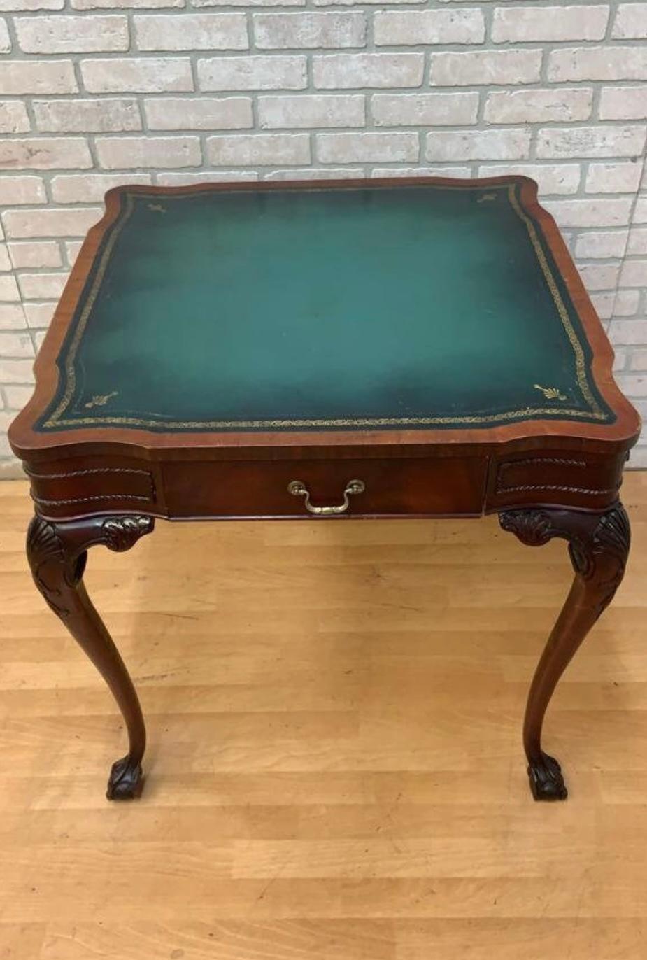 American Antique Chippendale Carved Mahogany Single Drawer Leather Top Game Table For Sale