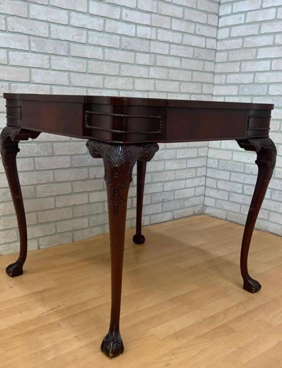 Hand-Carved Antique Chippendale Carved Mahogany Single Drawer Leather Top Game Table For Sale