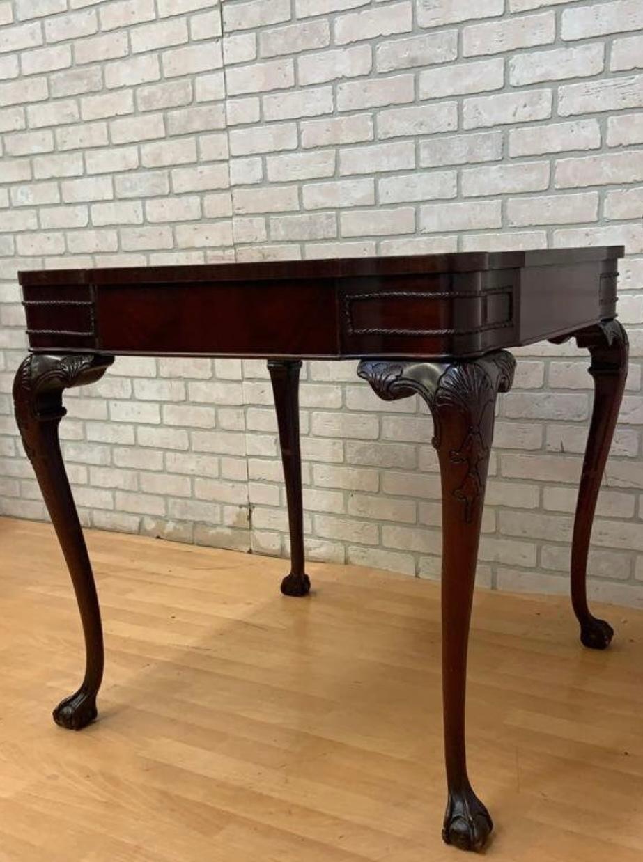 Antique Chippendale Carved Mahogany Single Drawer Leather Top Game Table In Good Condition For Sale In Chicago, IL
