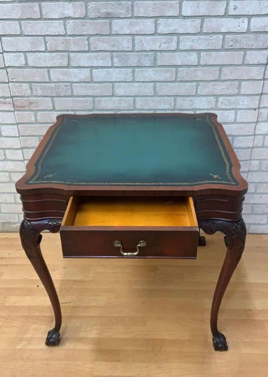 20th Century Antique Chippendale Carved Mahogany Single Drawer Leather Top Game Table For Sale