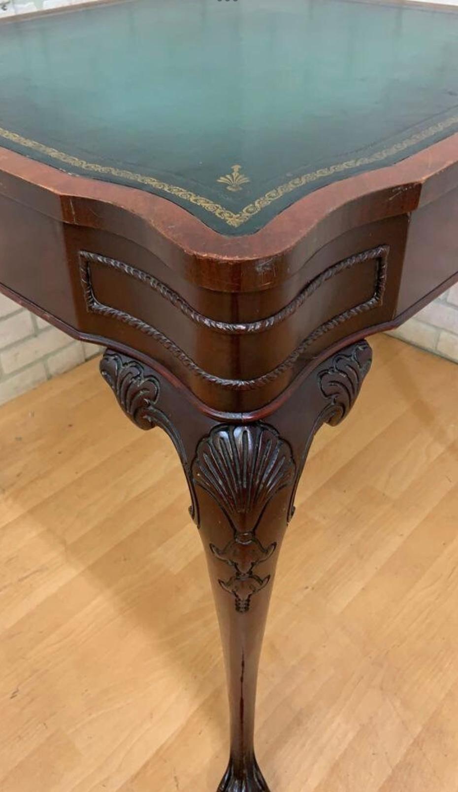 Brass Antique Chippendale Carved Mahogany Single Drawer Leather Top Game Table For Sale