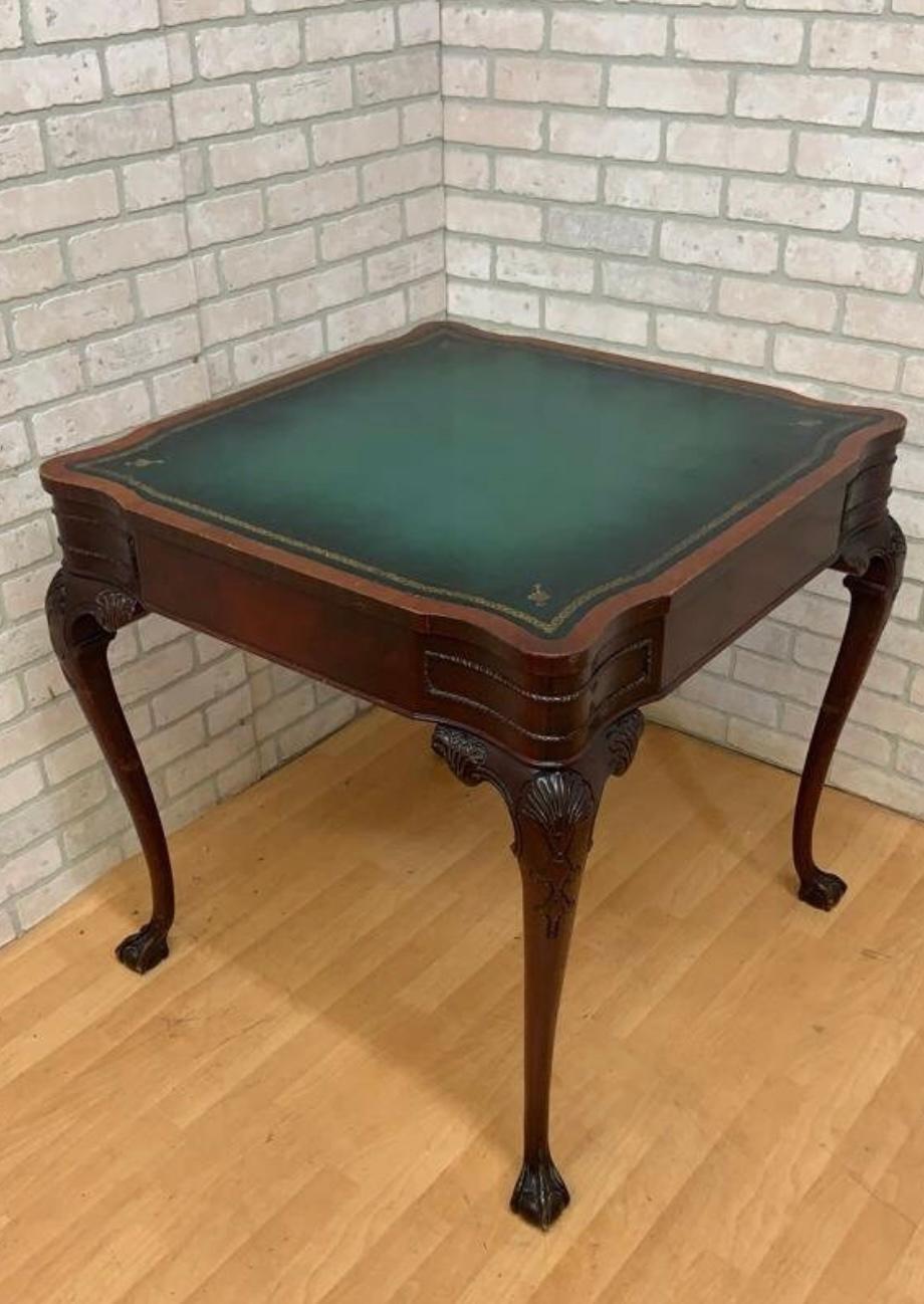 Antique Chippendale Carved Mahogany Single Drawer Leather Top Game Table For Sale 1