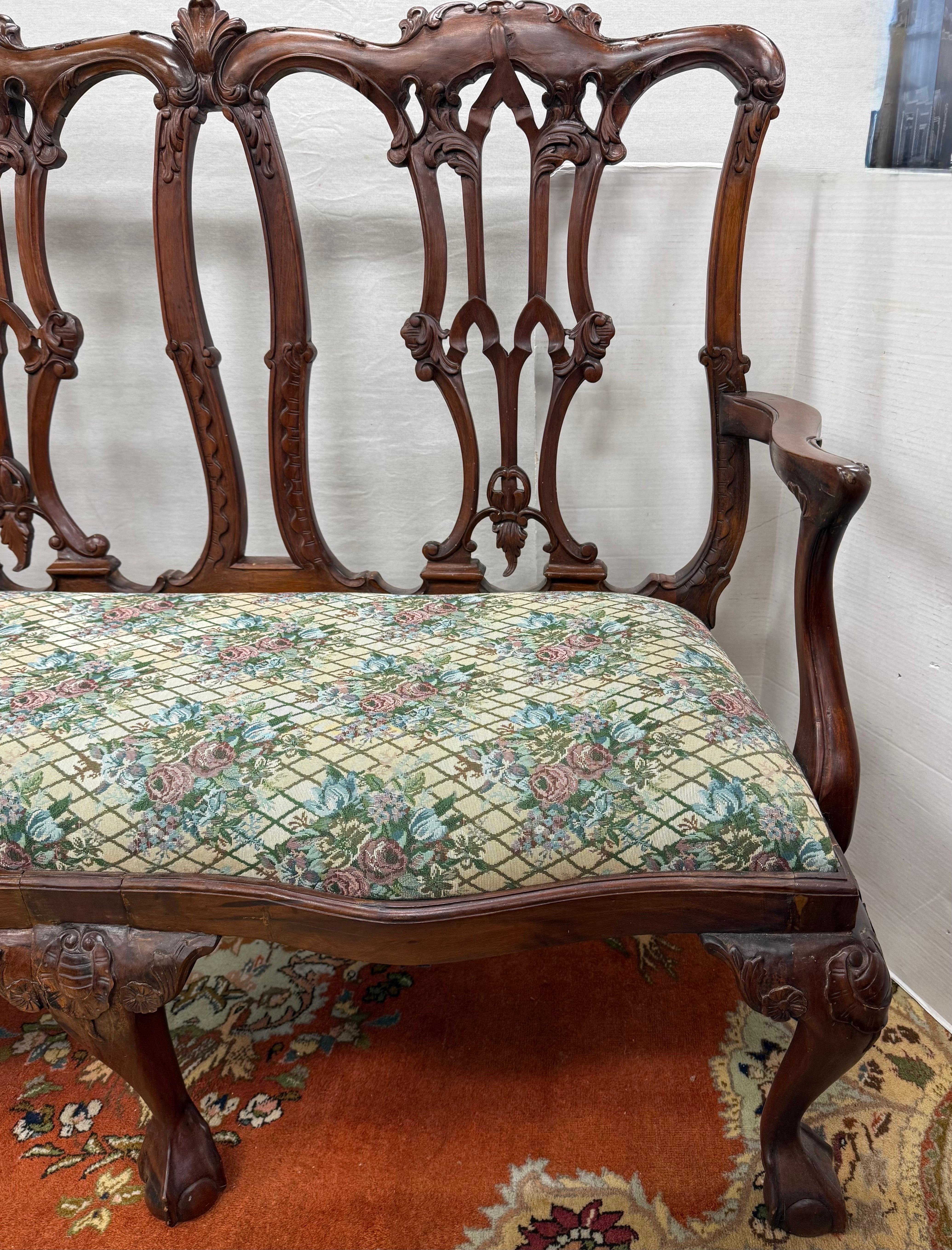 Antique Chippendale Carved Mahogany Three-Seat Bench With Upholstered Seat For Sale 5