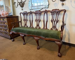Antique Chippendale Carved Mahogany Three-Seat Bench With Upholstered Seat