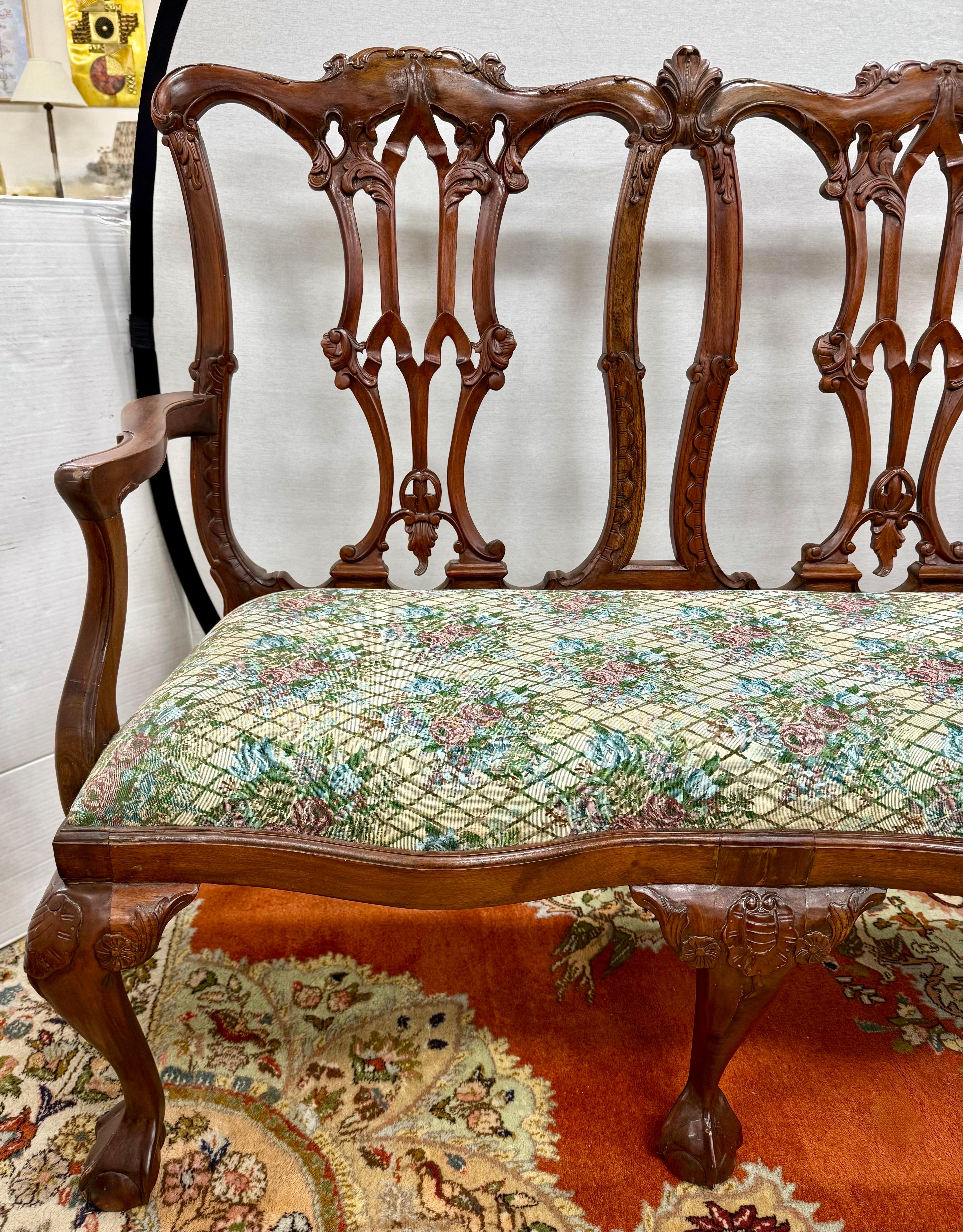 19th Century Antique Chippendale Carved Mahogany Three-Seat Bench With Upholstered Seat For Sale