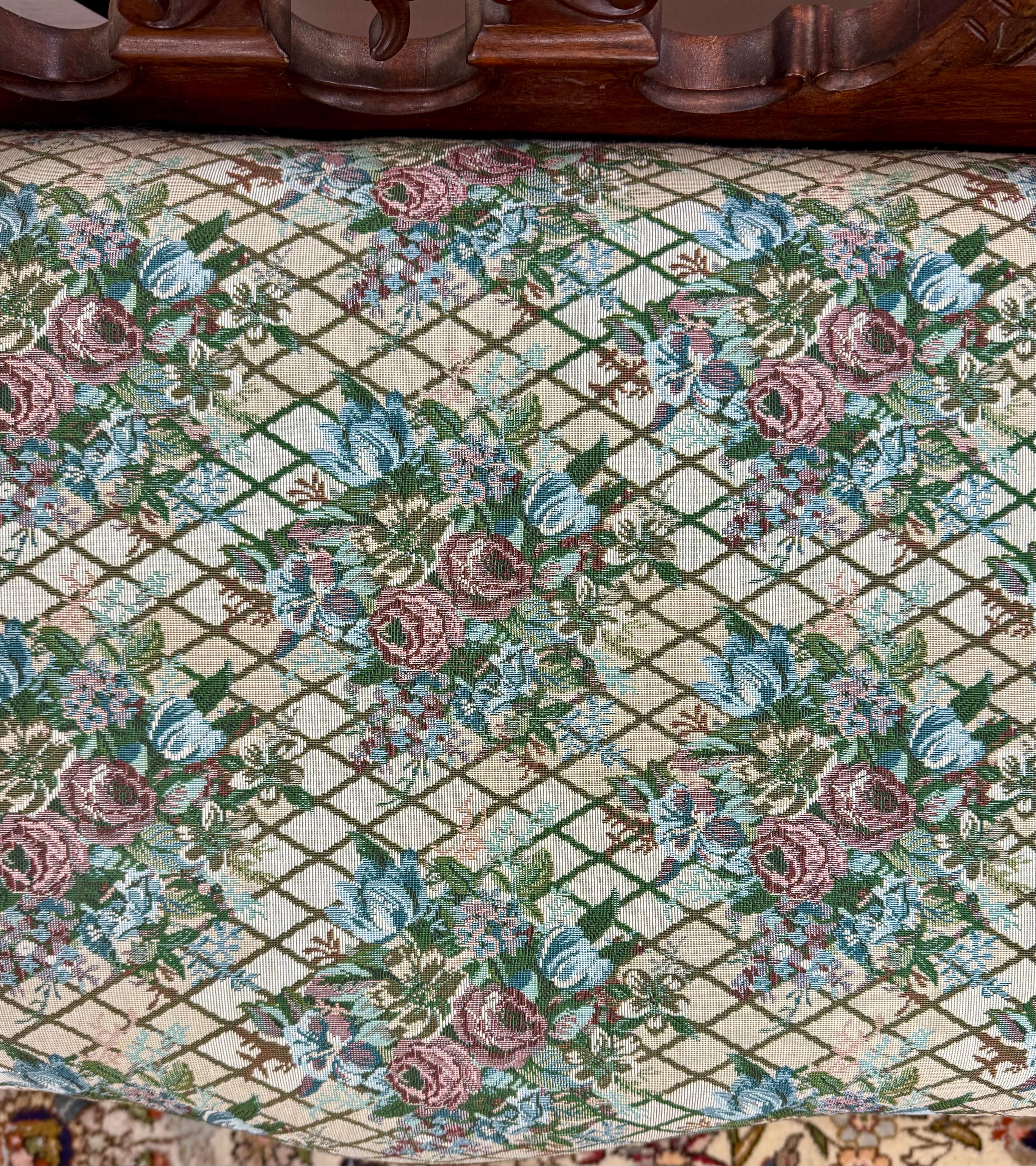 Upholstery Antique Chippendale Carved Mahogany Three-Seat Bench With Upholstered Seat For Sale