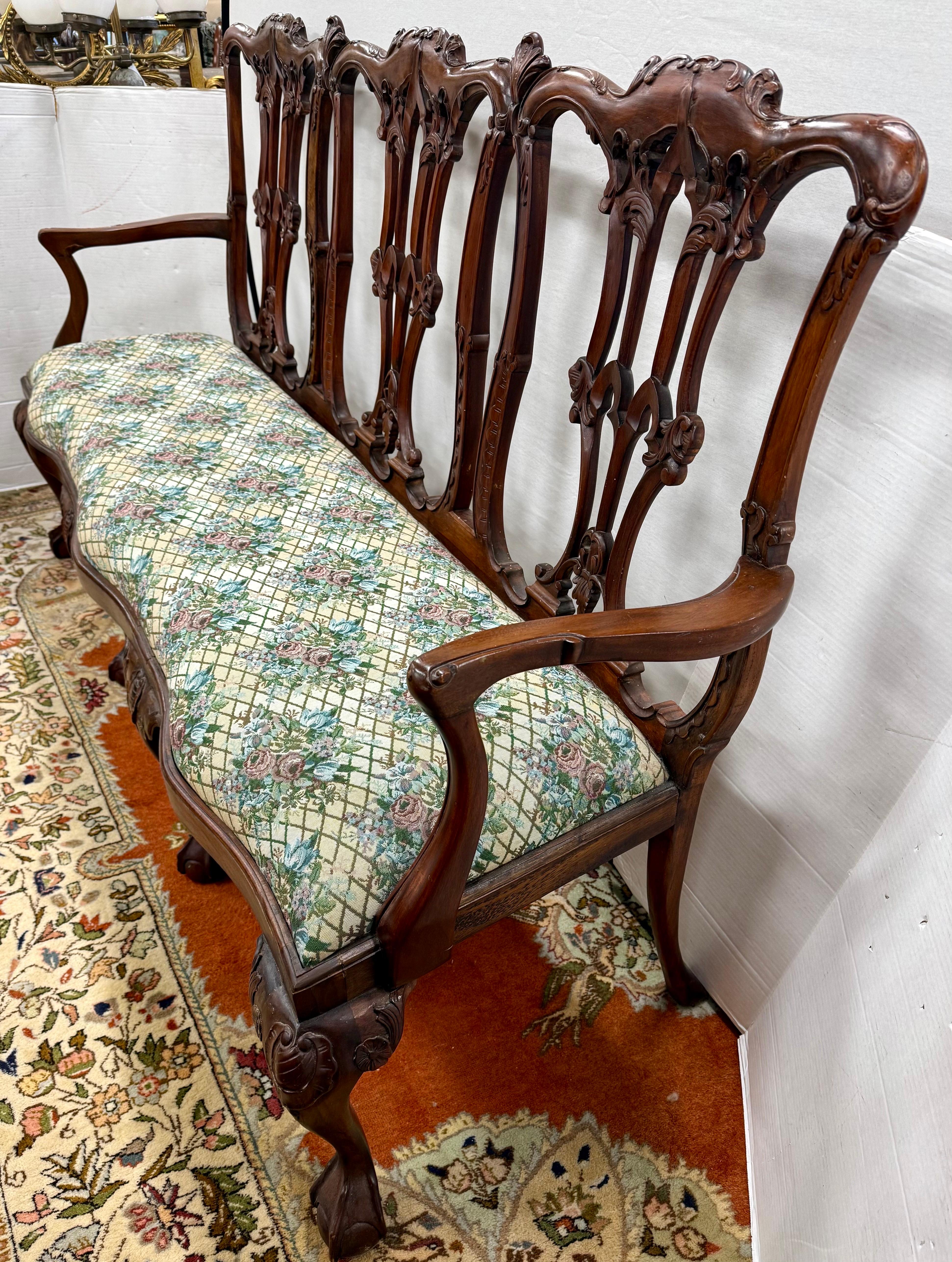 Antique Chippendale Carved Mahogany Three-Seat Bench With Upholstered Seat For Sale 1