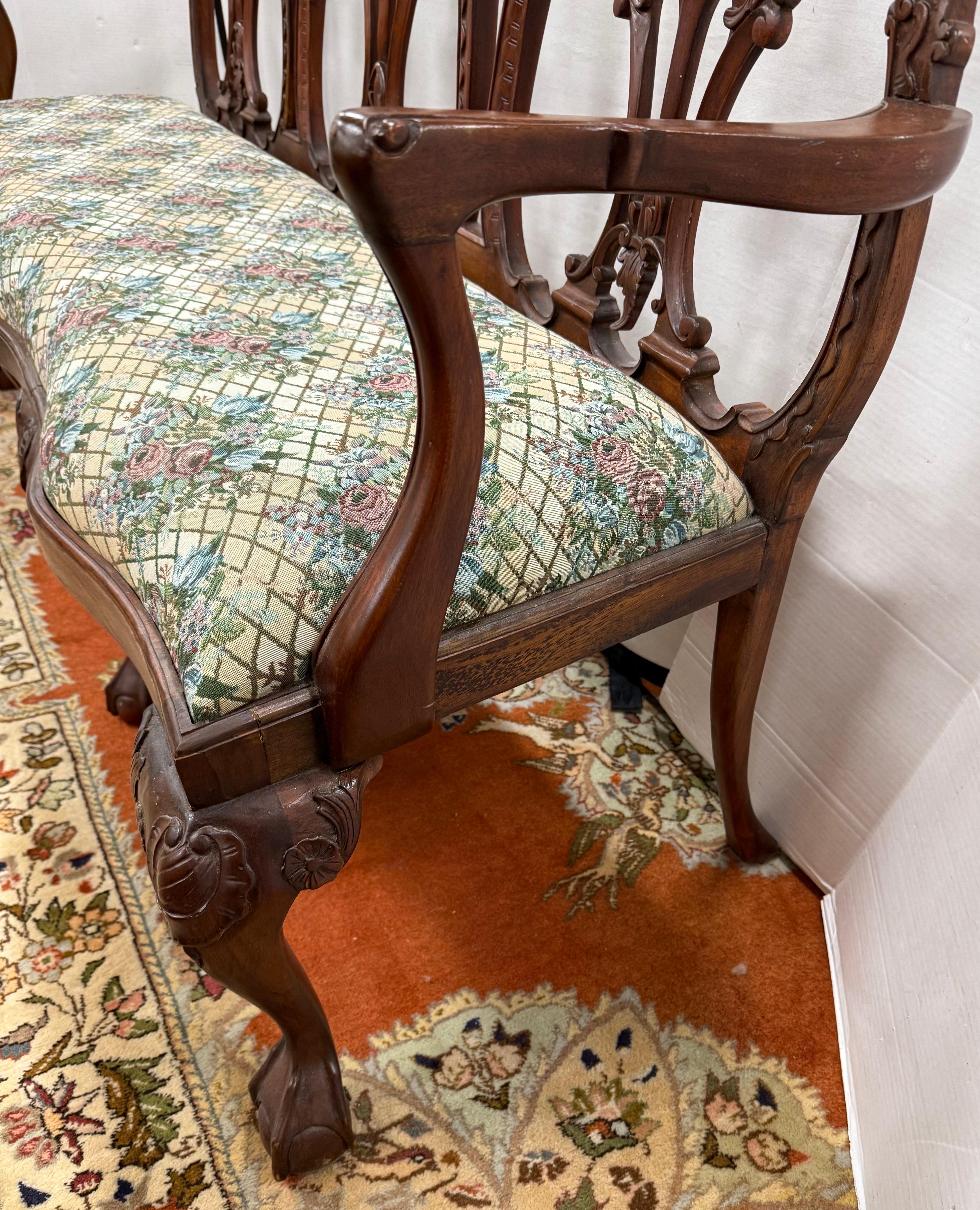 Antique Chippendale Carved Mahogany Three-Seat Bench With Upholstered Seat For Sale 2