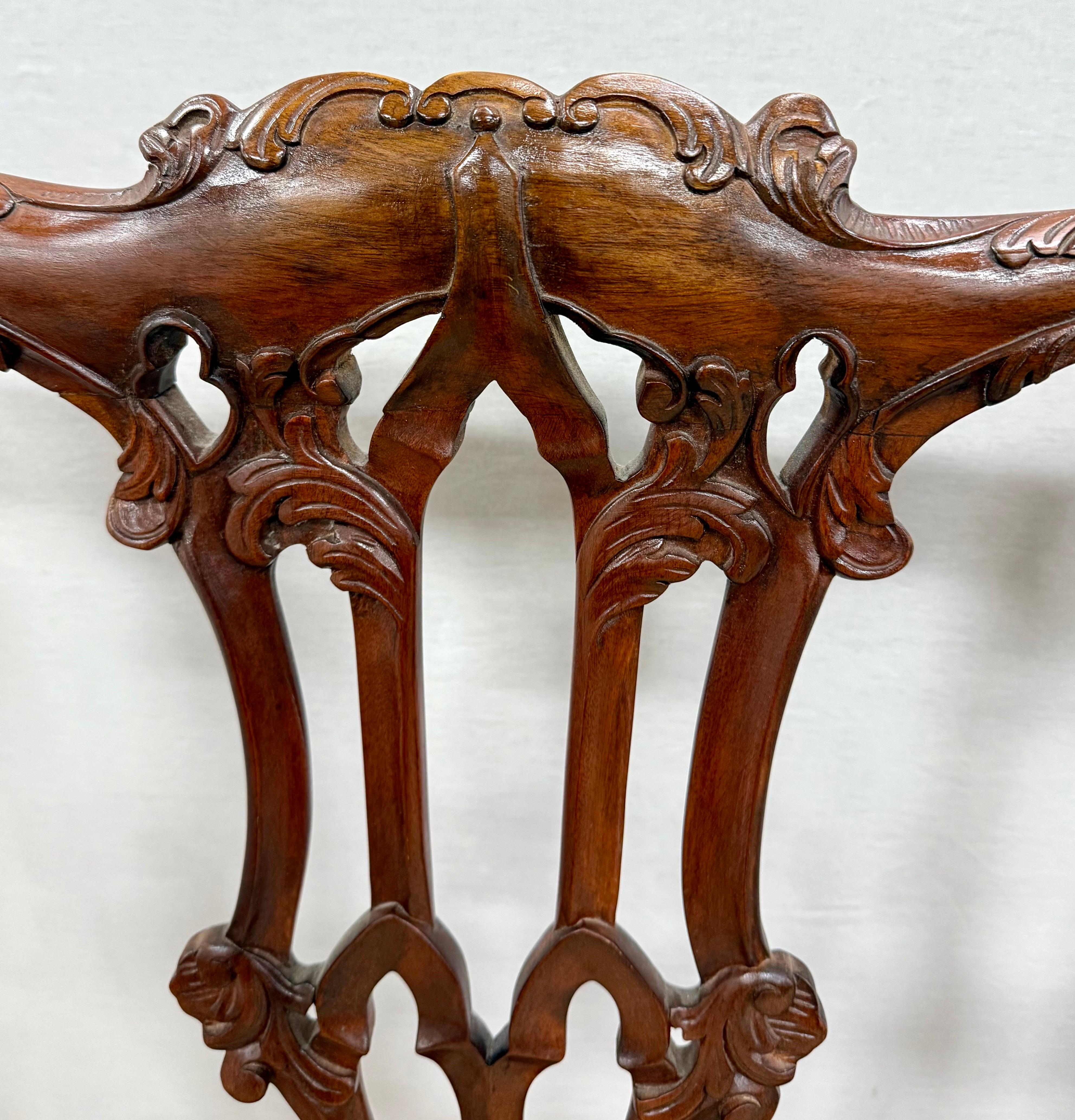 Antique Chippendale Carved Mahogany Three-Seat Bench With Upholstered Seat For Sale 3