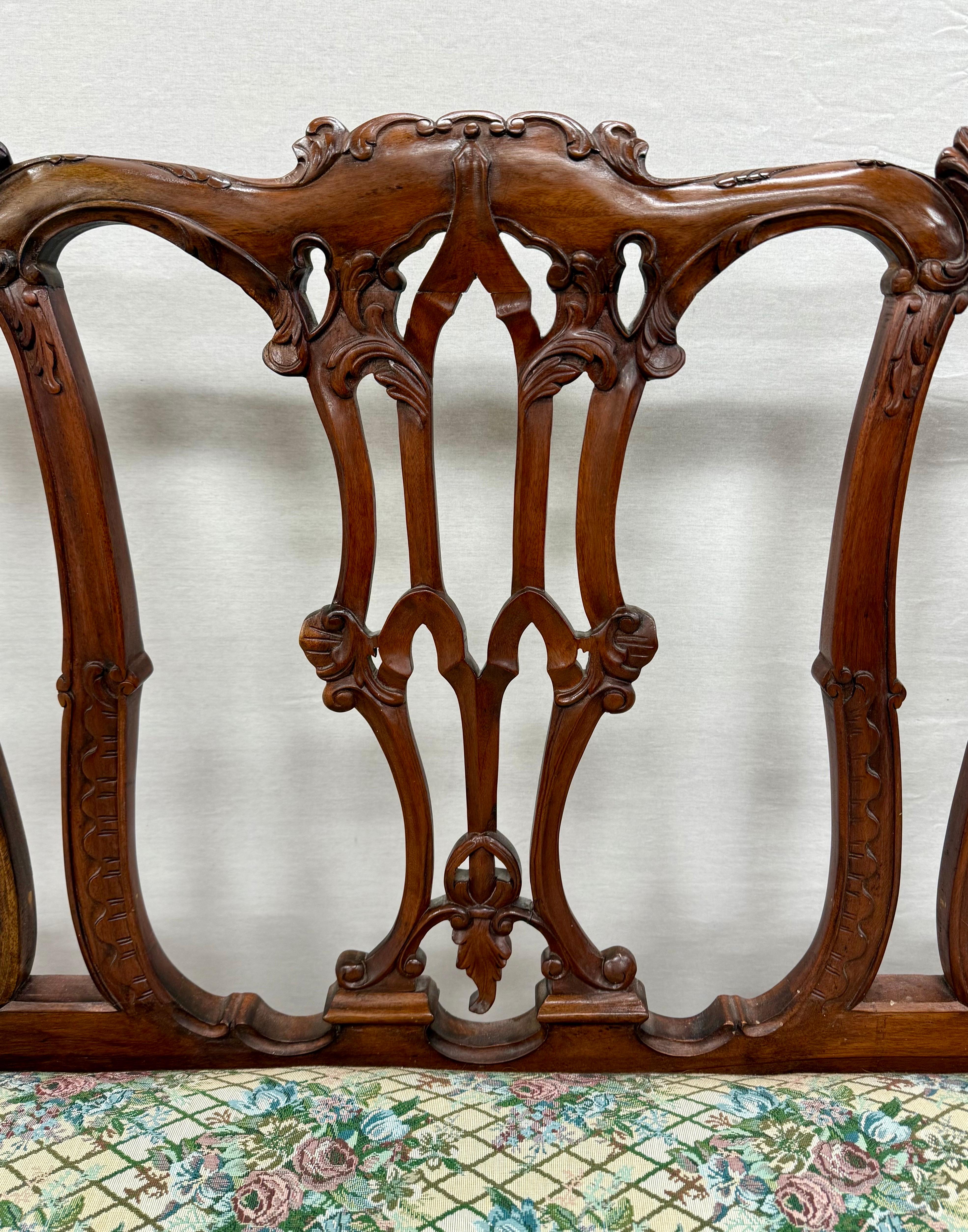 Antique Chippendale Carved Mahogany Three-Seat Bench With Upholstered Seat For Sale 4