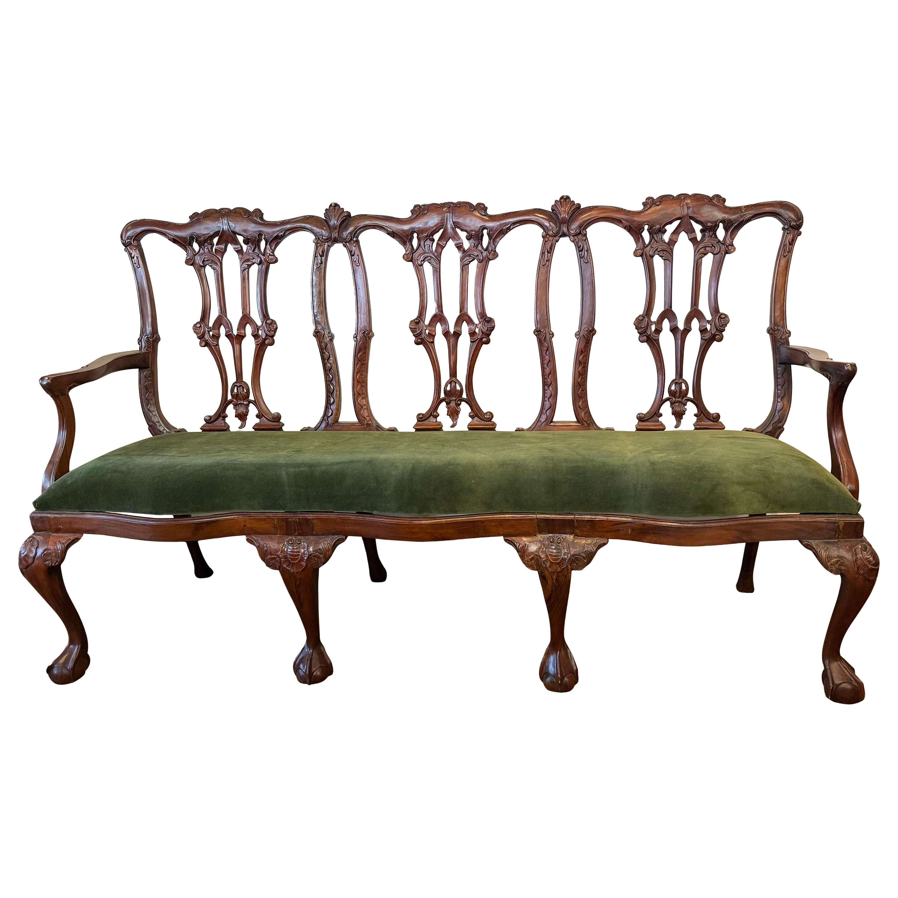 Antique Chippendale Carved Mahogany Three-Seat Bench With Upholstered Seat
