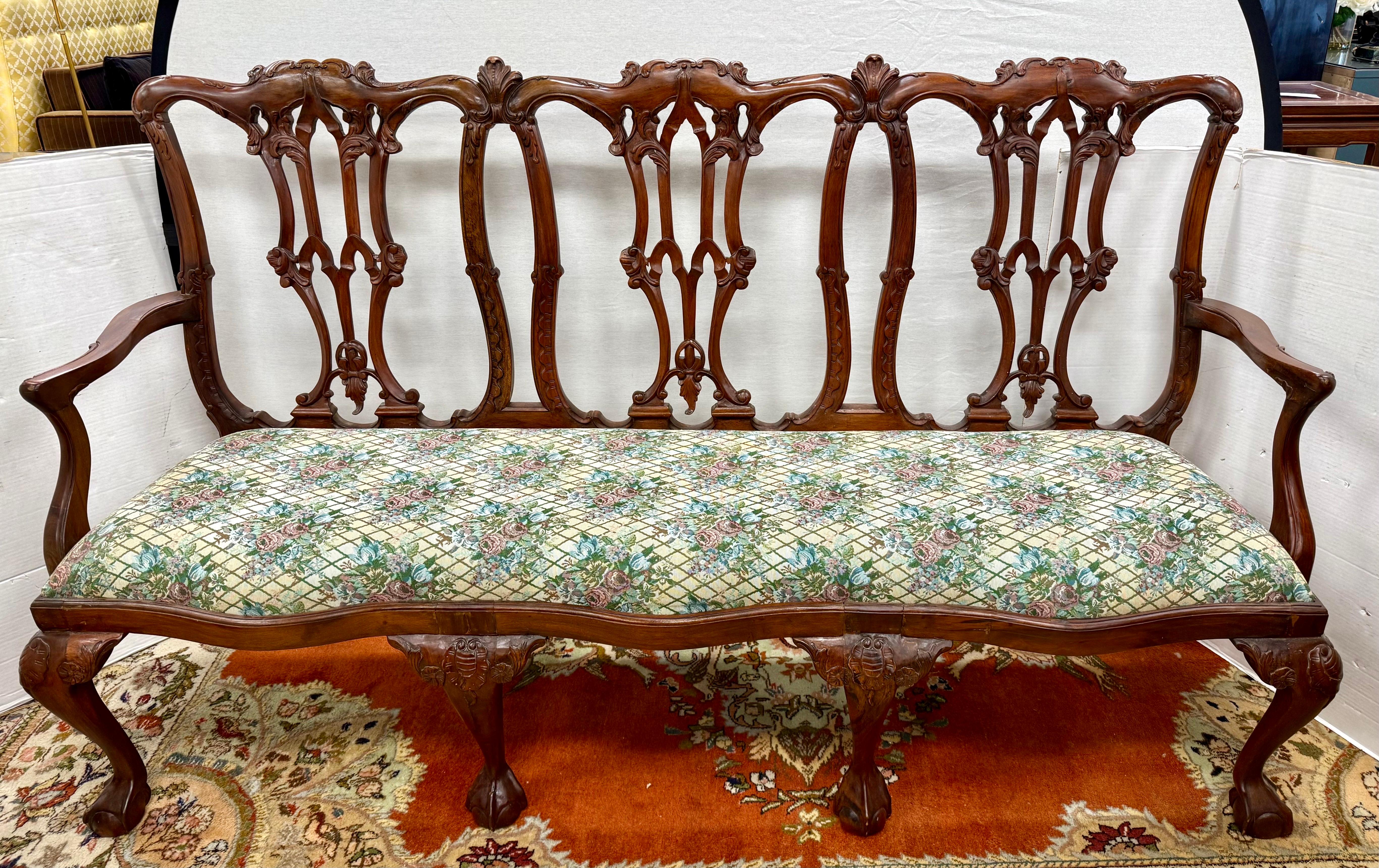 Antique Chippendale Carved Mahogany Three-Seat Bench With Upholstered Seat For Sale
