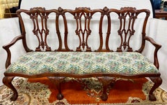 Antique Chippendale Carved Mahogany Three-Seat Bench With Upholstered Seat