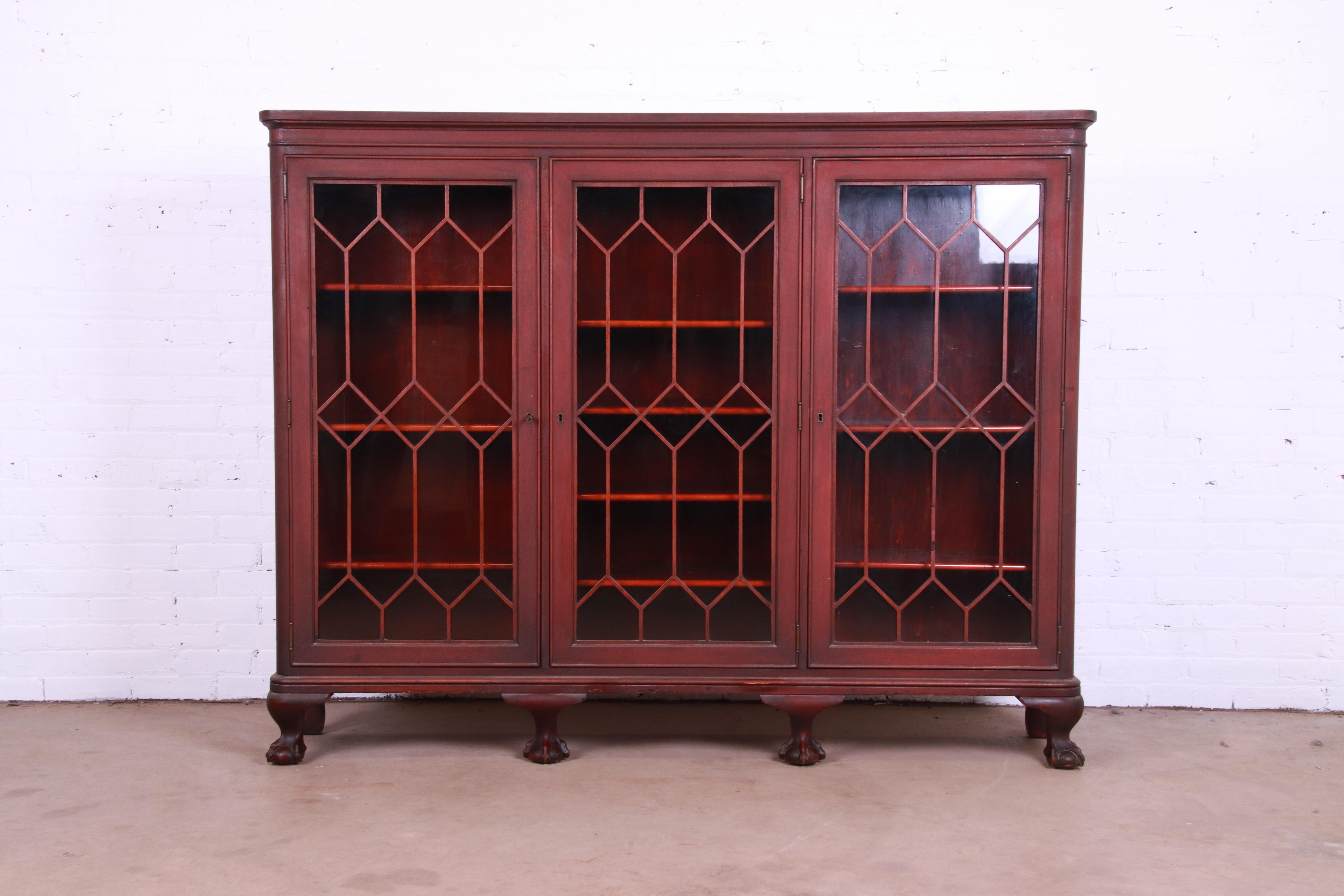 American Antique Chippendale Carved Mahogany Triple Bookcase, Circa 1900