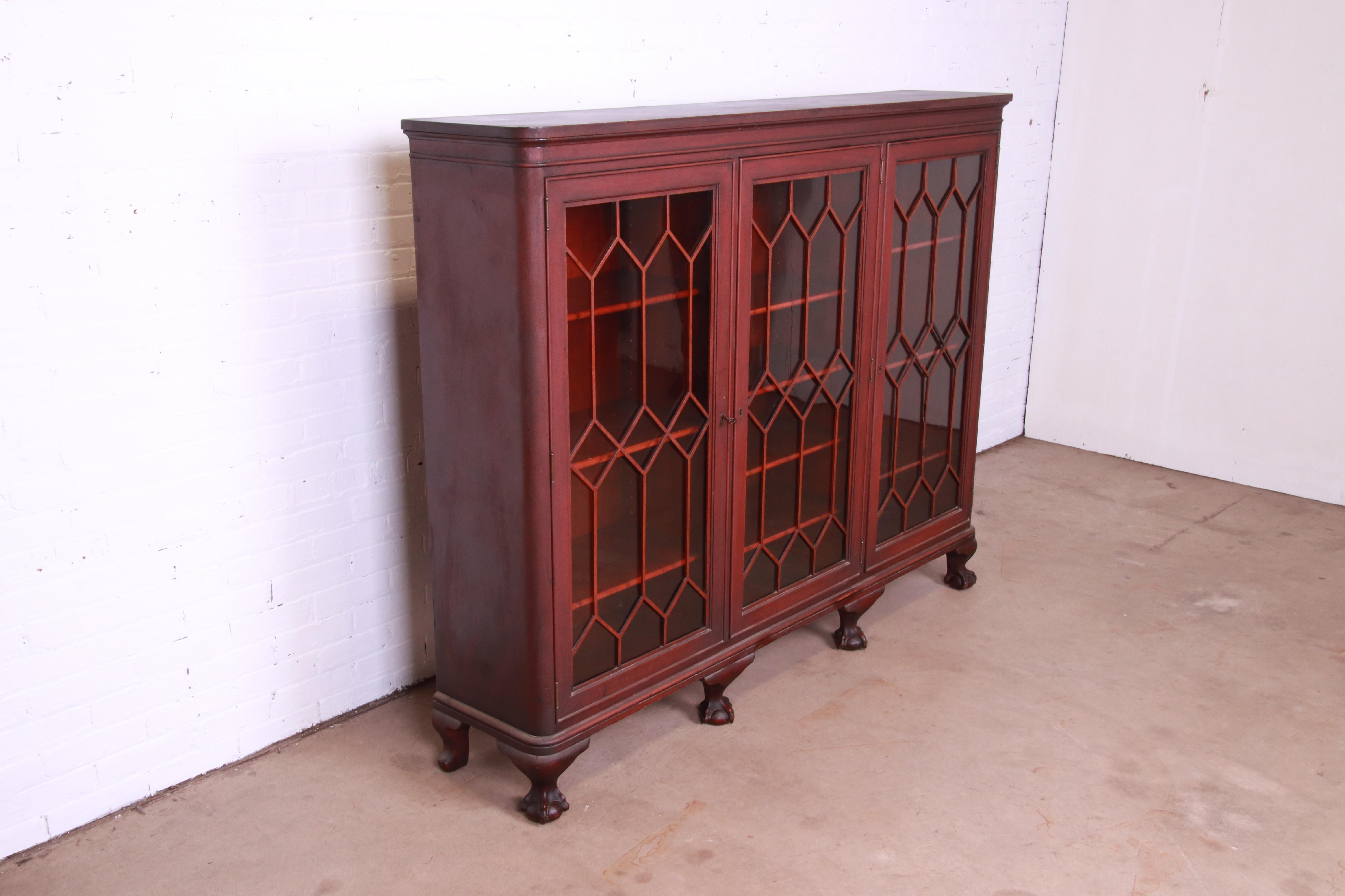 Glass Antique Chippendale Carved Mahogany Triple Bookcase, Circa 1900