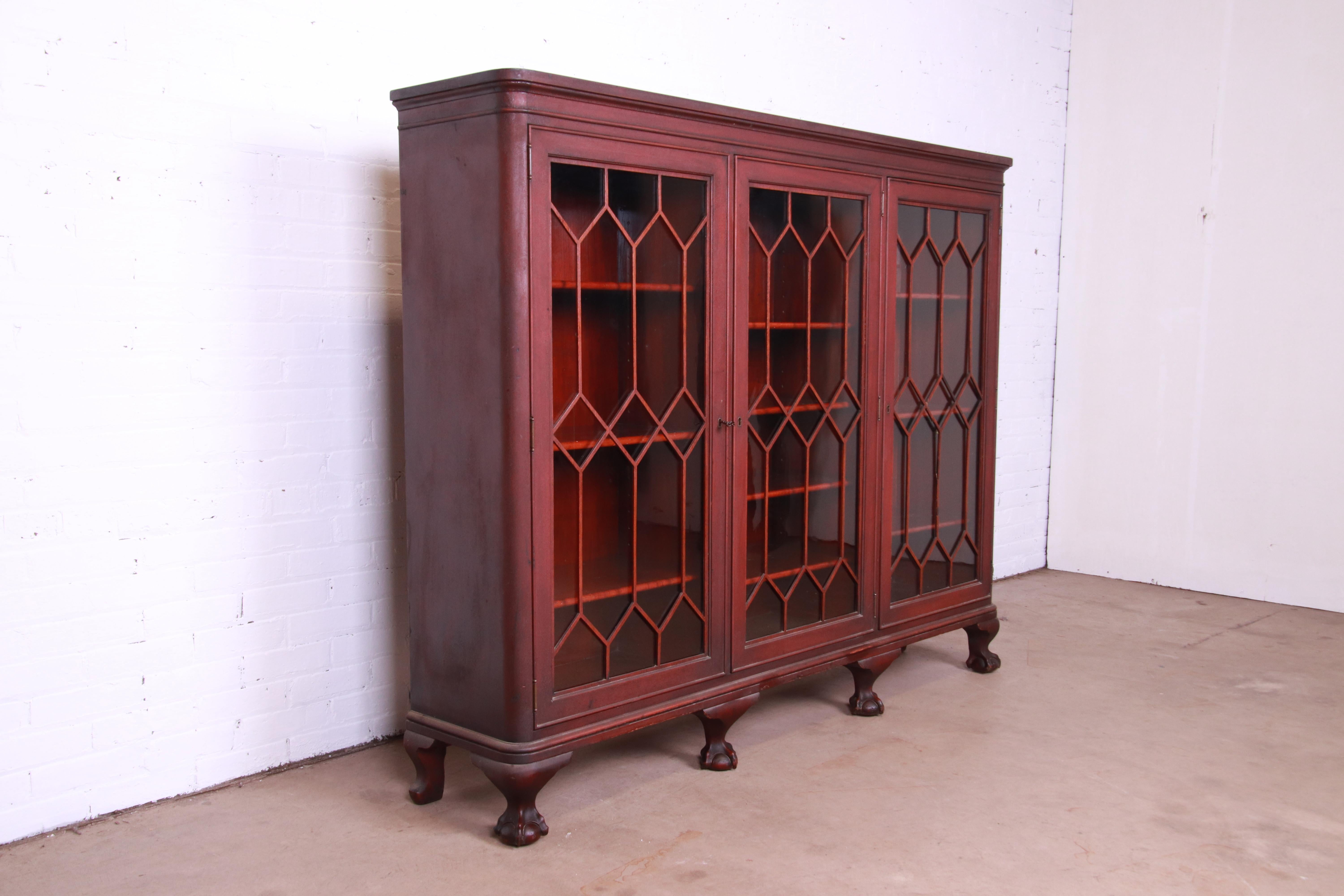 Antique Chippendale Carved Mahogany Triple Bookcase, Circa 1900 1