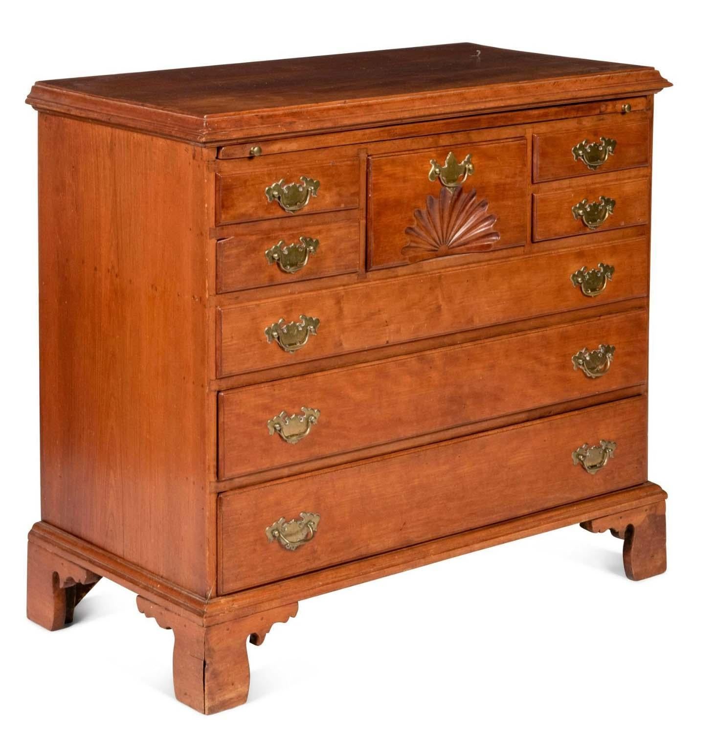 Hand-Crafted Antique Chippendale Fan-Carved Walnut Bachelor's Chest of Drawers