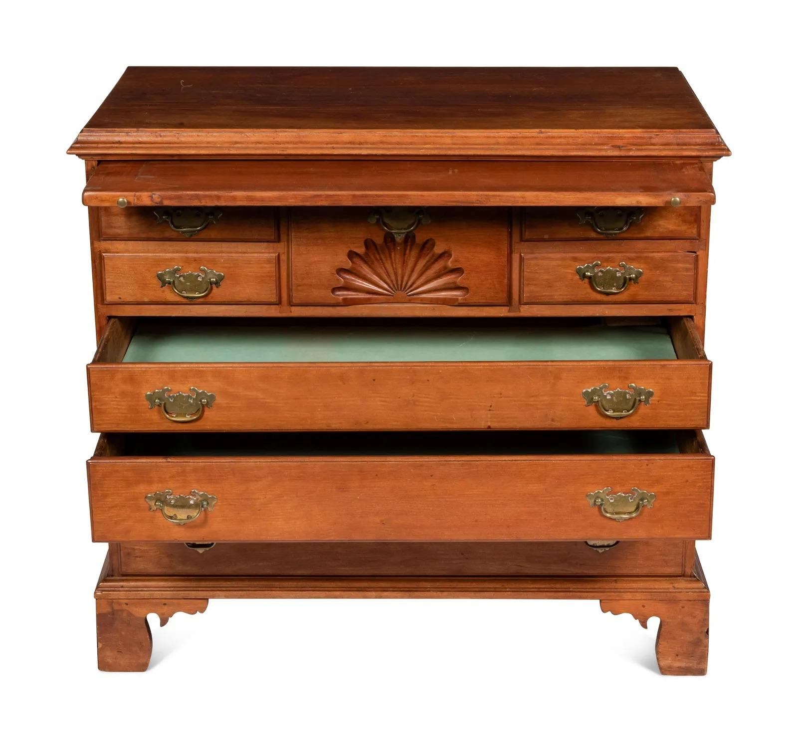 19th Century Antique Chippendale Fan-Carved Walnut Bachelor's Chest of Drawers