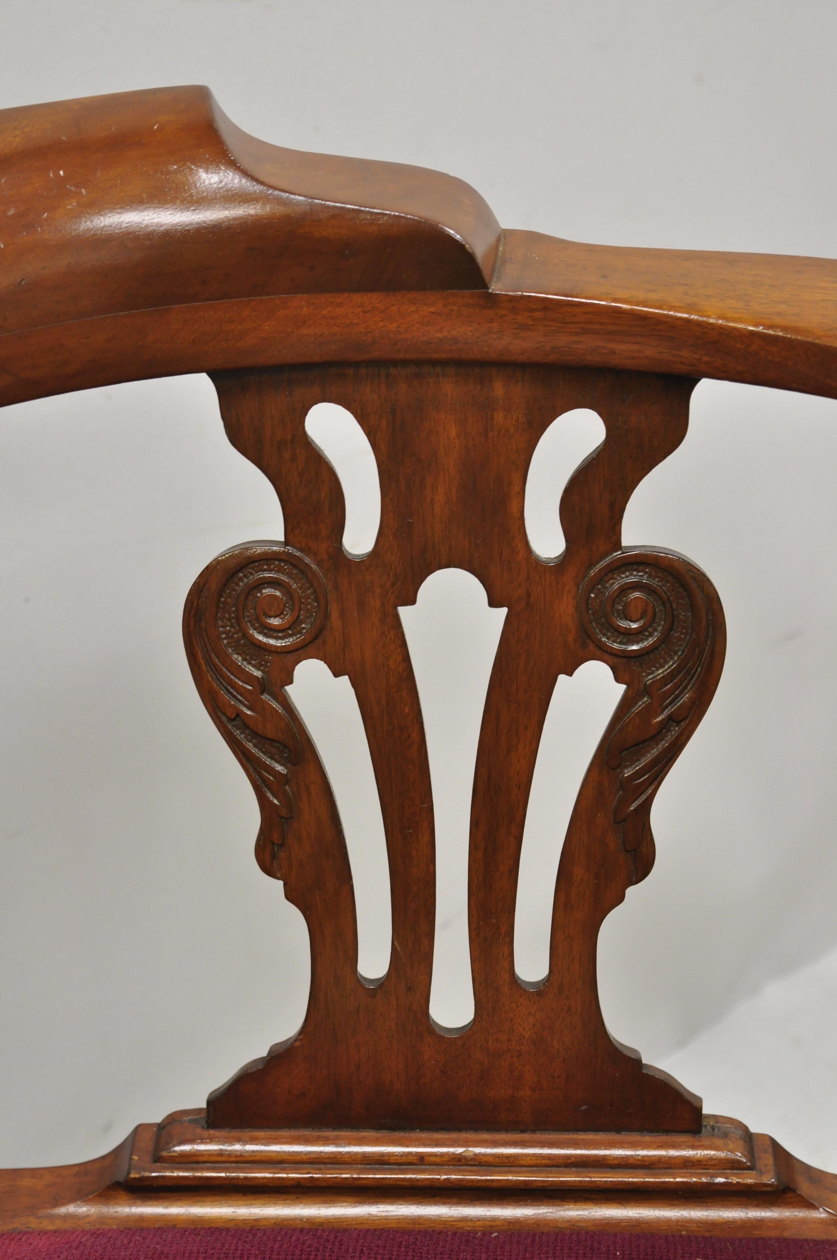 North American Antique Chippendale Georgian Carved Ball Claw Mahogany Needlepoint Corner Chair