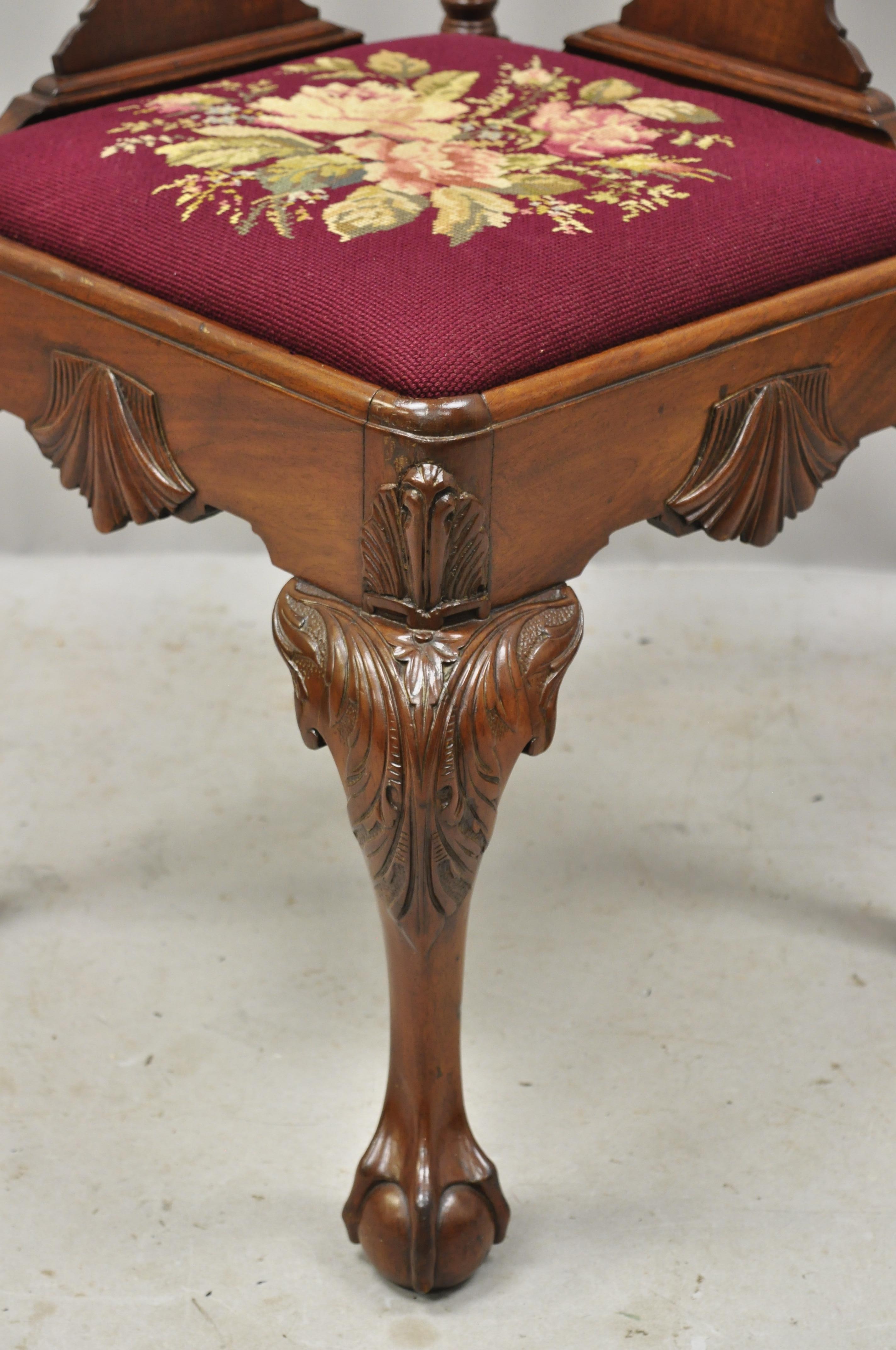 Early 20th Century Antique Chippendale Georgian Carved Ball Claw Mahogany Needlepoint Corner Chair
