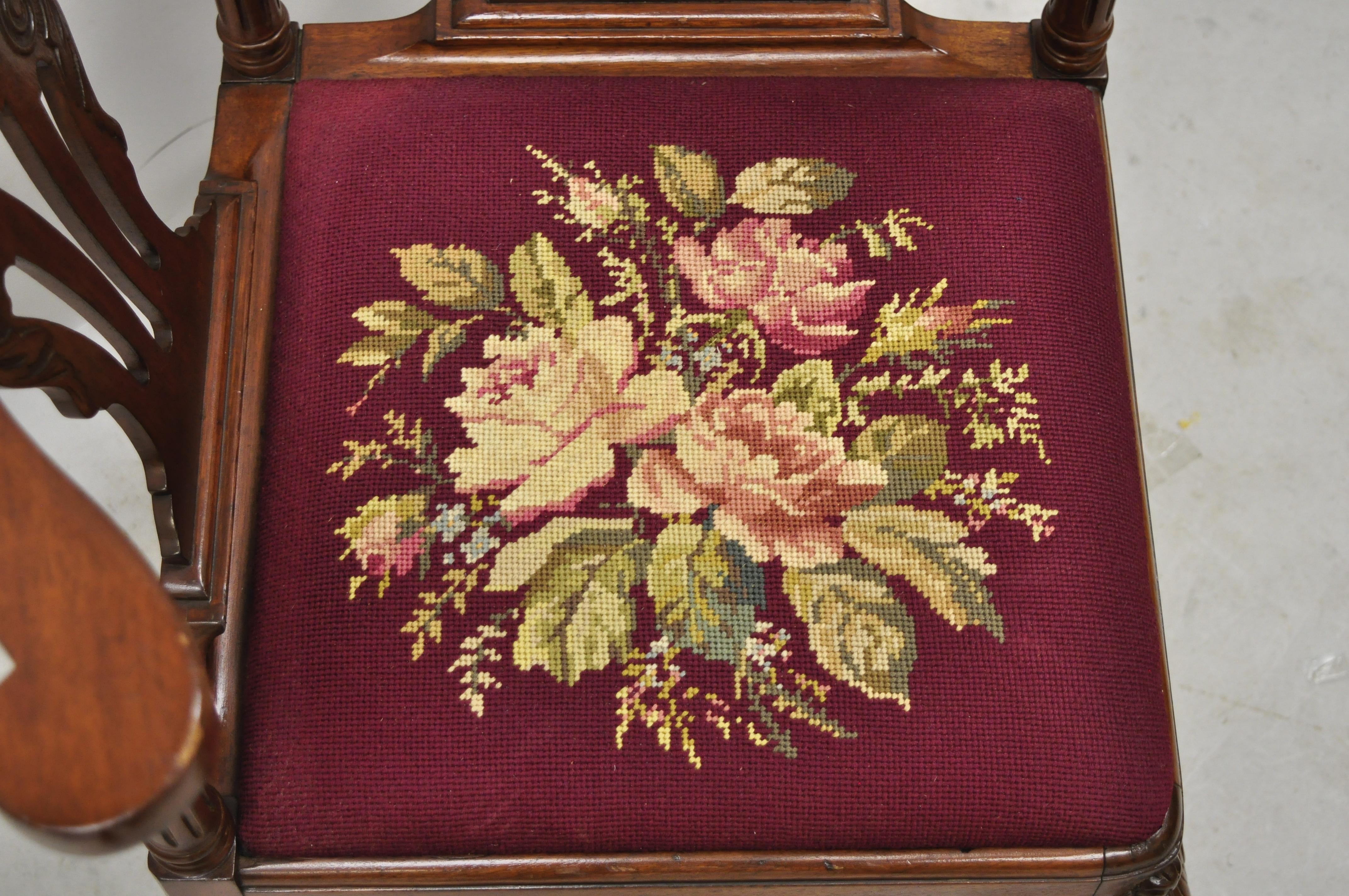 Fabric Antique Chippendale Georgian Carved Ball Claw Mahogany Needlepoint Corner Chair