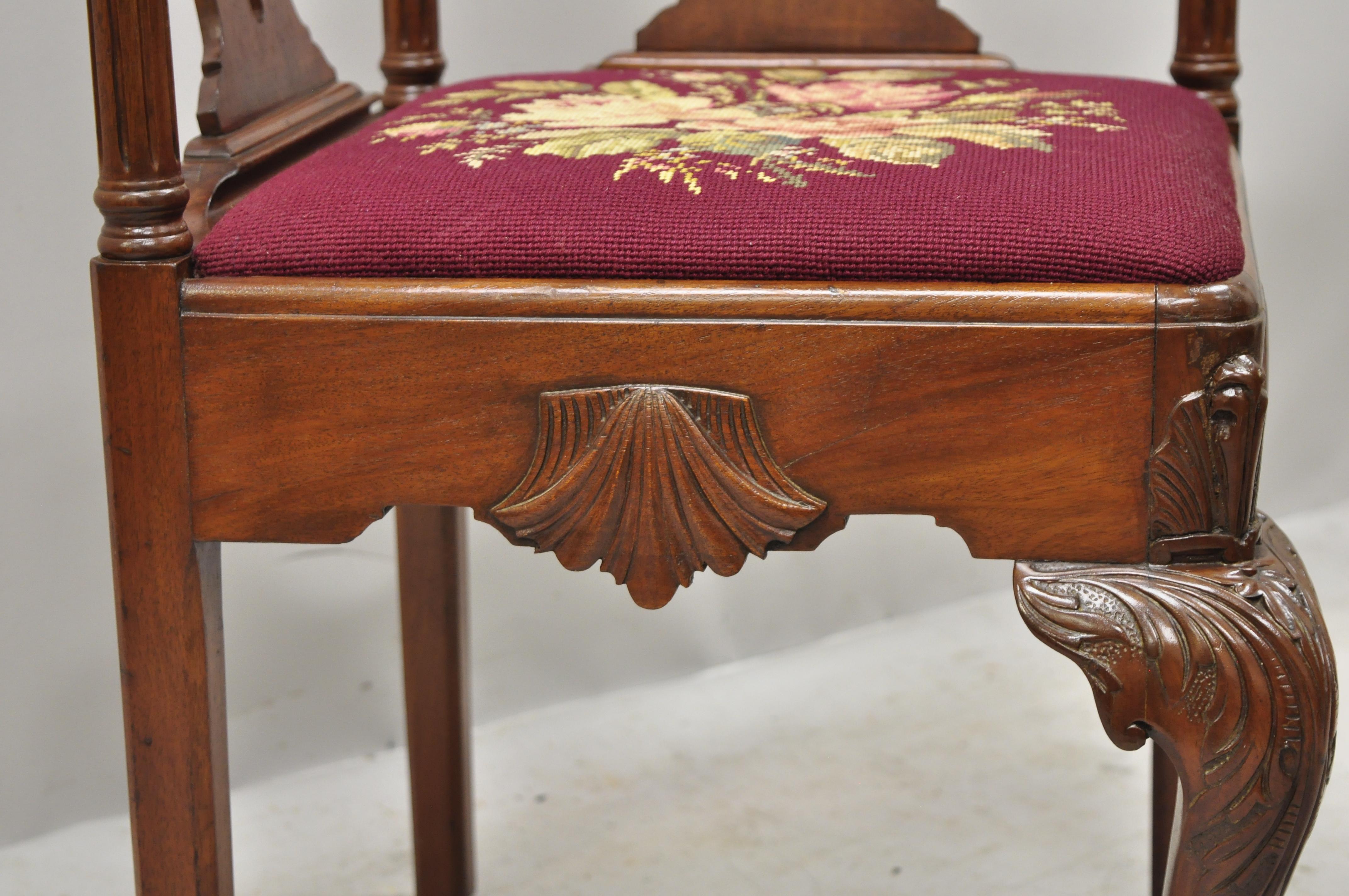 Antique Chippendale Georgian Carved Ball Claw Mahogany Needlepoint Corner Chair 1