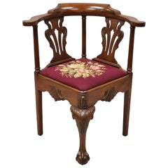 Antique Chippendale Georgian Carved Ball Claw Mahogany Needlepoint Corner Chair