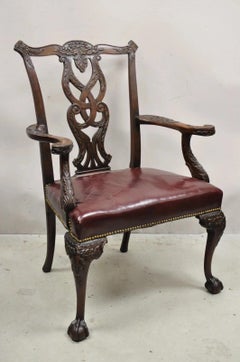 Antique Chippendale Georgian Carved Mahogany Ball and Claw Leather Arm Chair