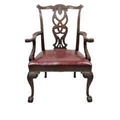 Antique Chippendale Georgian Carved Mahogany Ball and Claw Leather Arm Chair