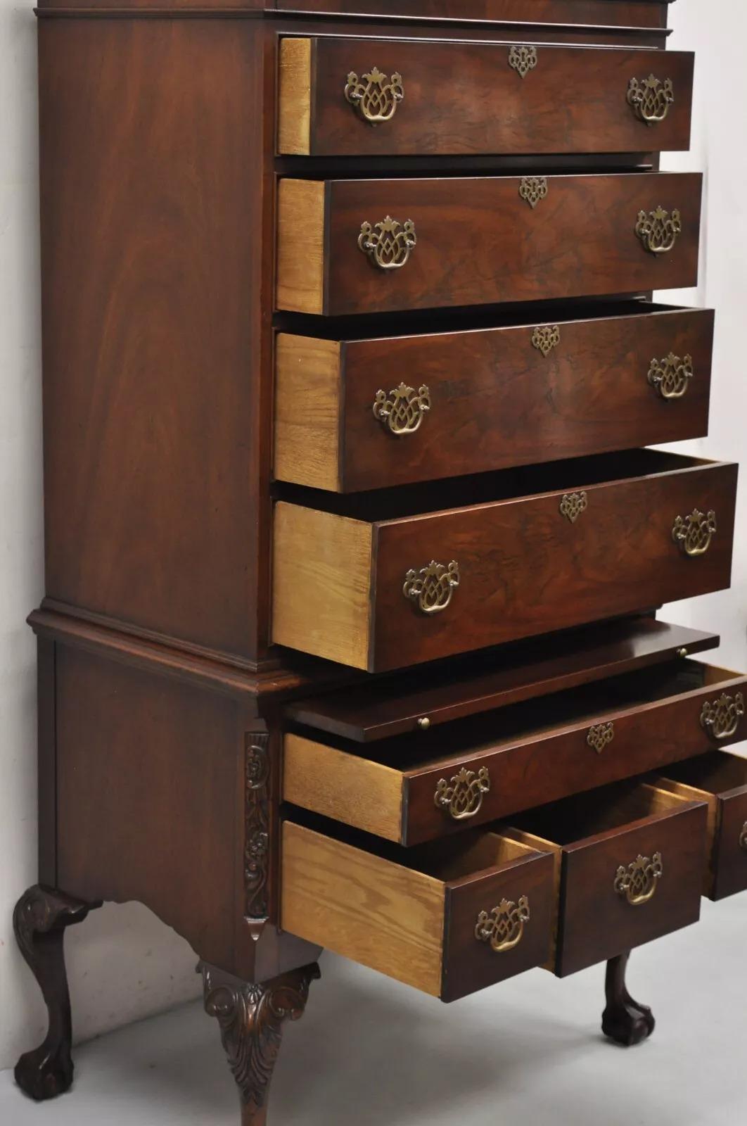 20th Century Antique Chippendale Mahogany Carved Ball and Claw Highboy Tall Chest Dresser