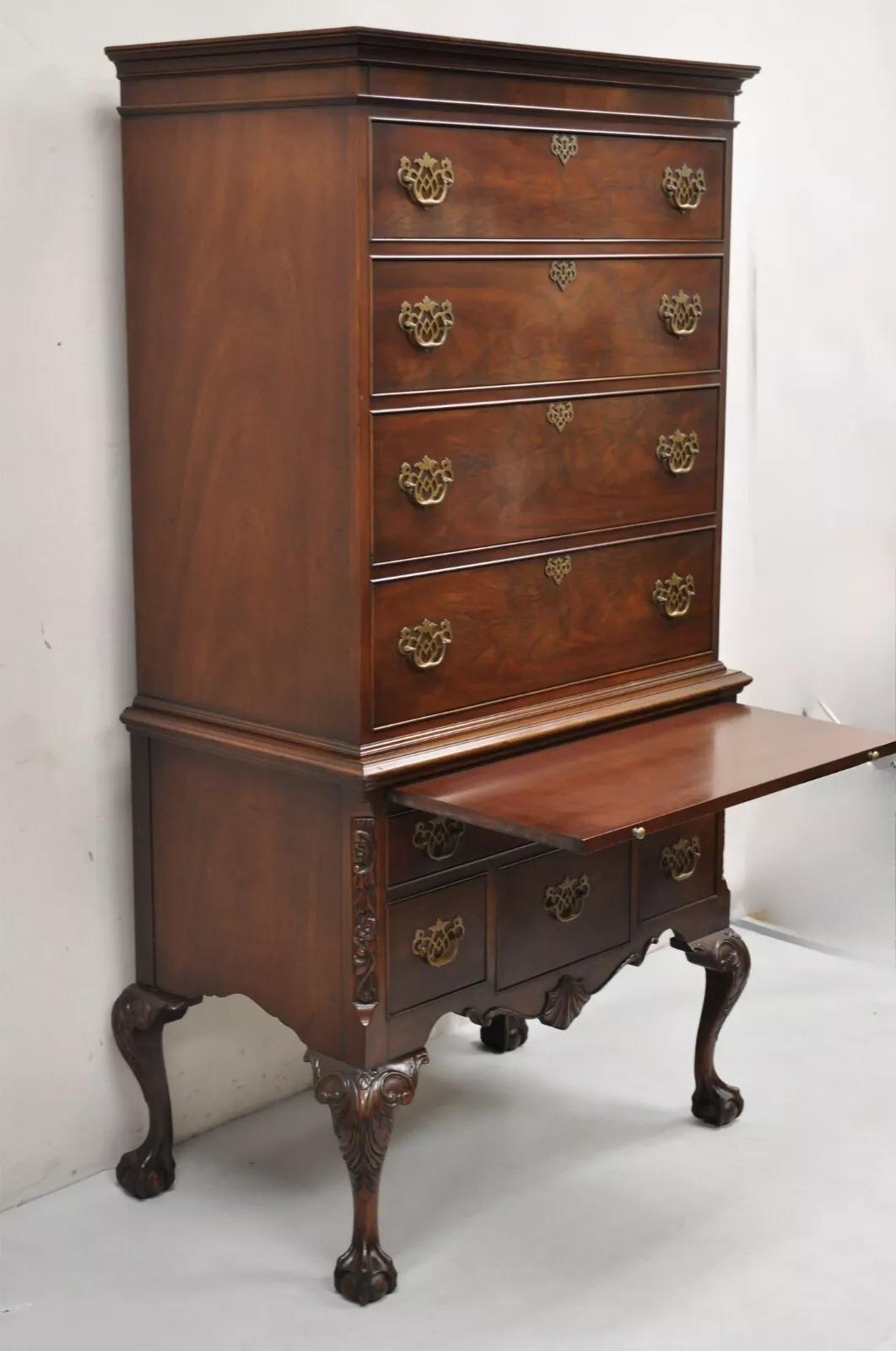 Antique Chippendale Mahogany Carved Ball and Claw Highboy Tall Chest Dresser 1