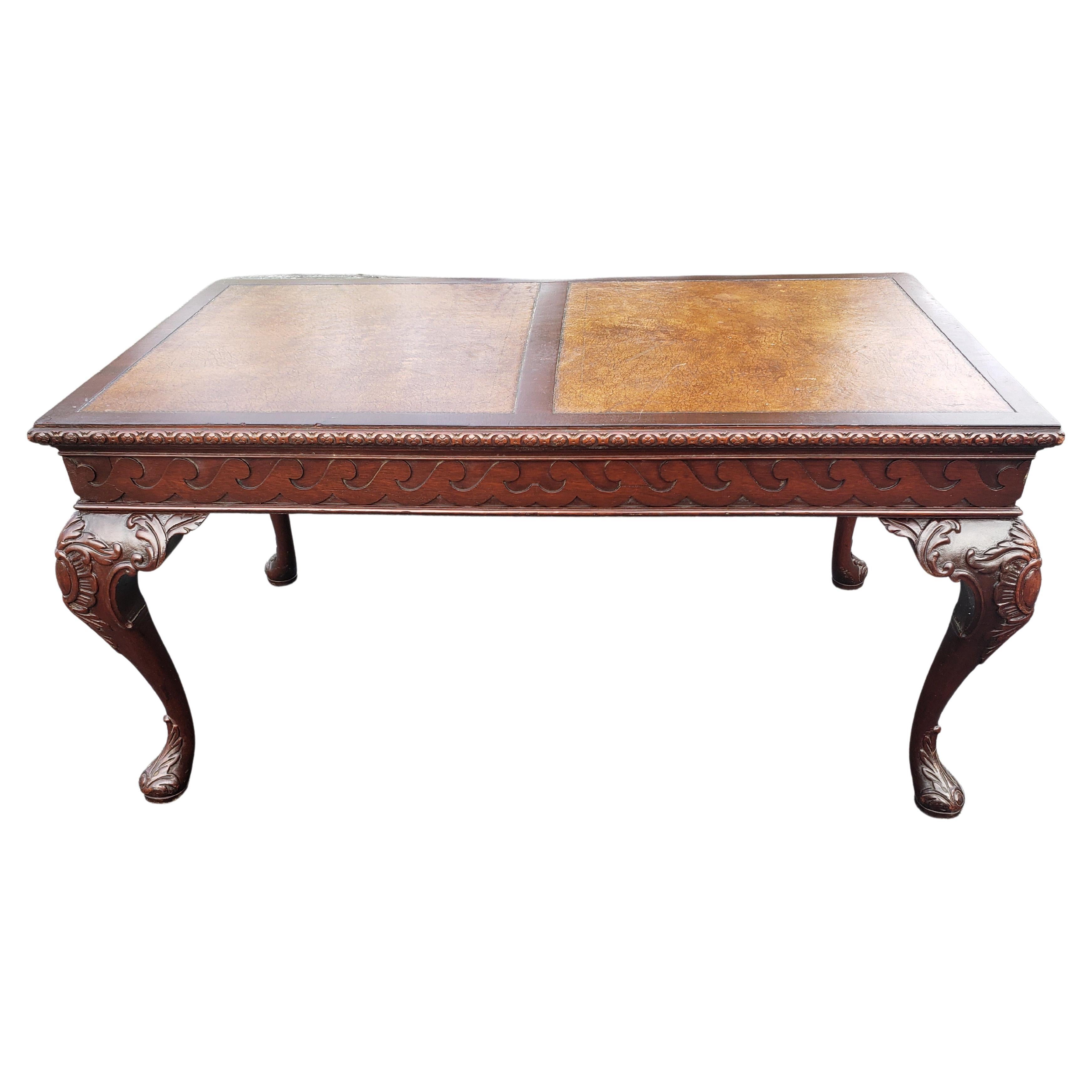 Hand-Carved Antique Chippendale Mahogany Coffee Table w/ Leather Top Inserts Circa 1930s