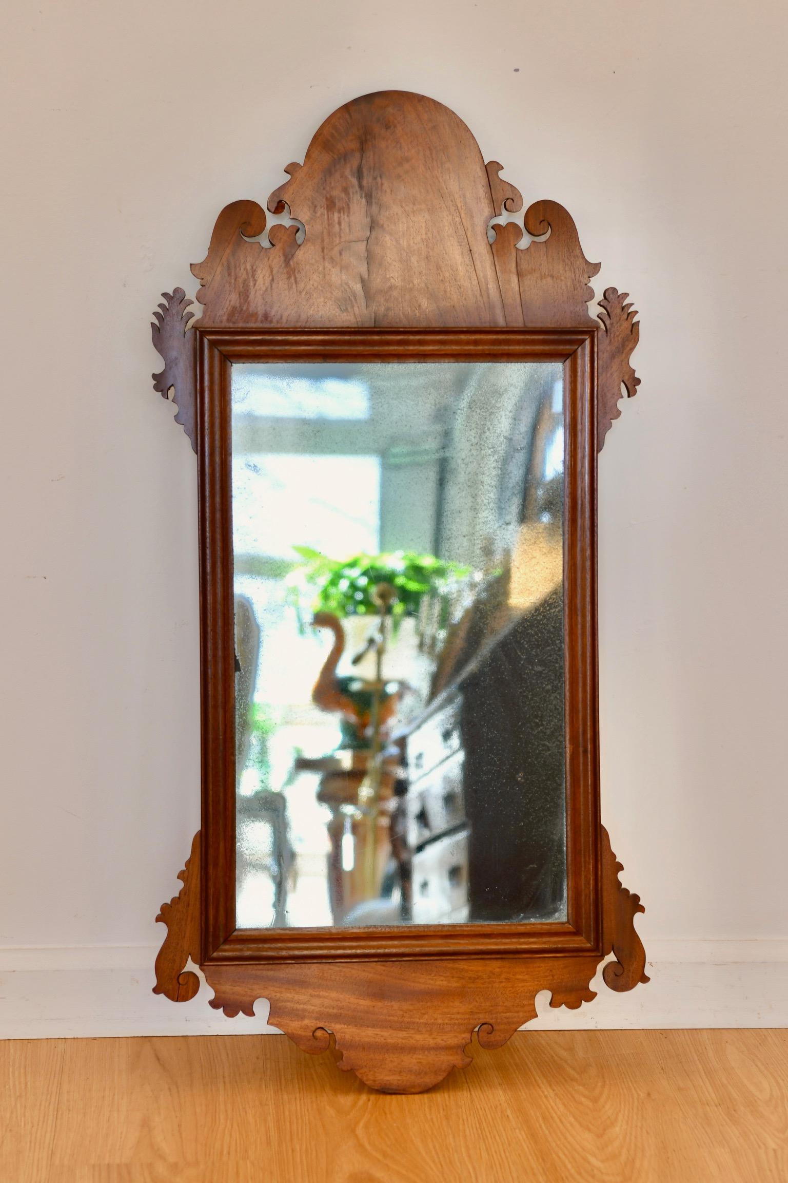 Glass Antique Chippendale Mahogany Fret Carved Mirror For Sale