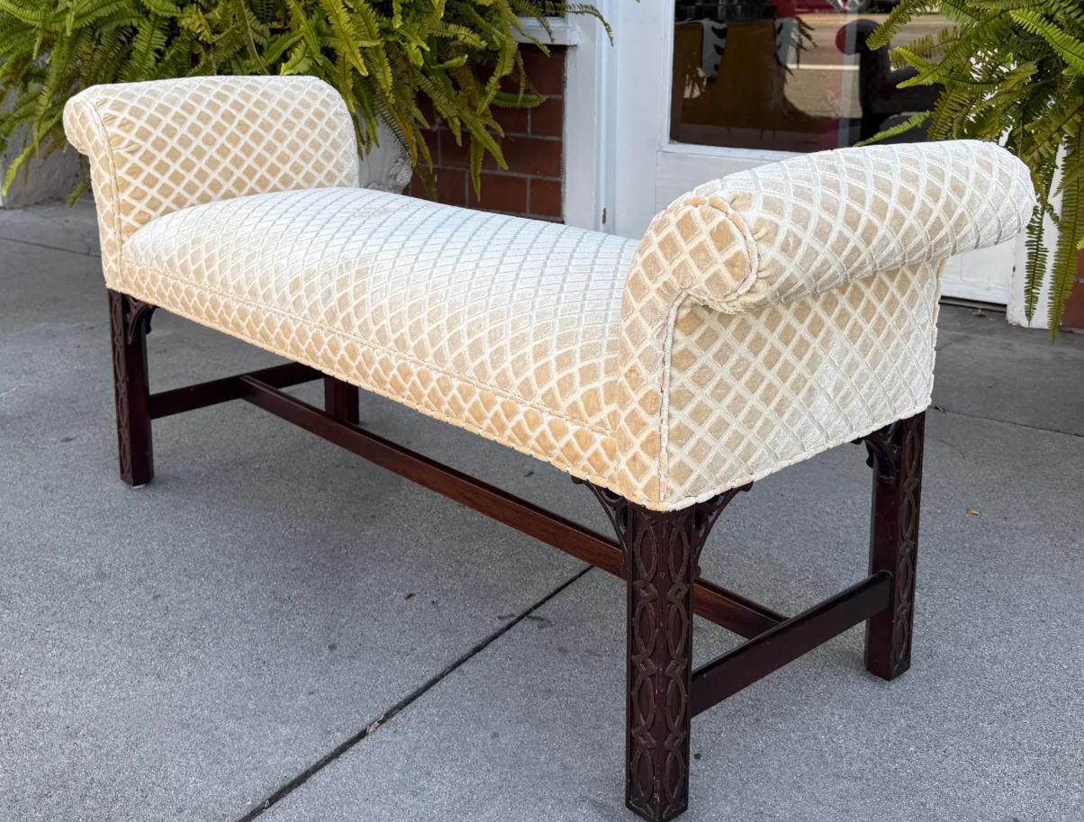 British Antique Chippendale Nancy Corzine Silk Velvet Roll Arm Bench