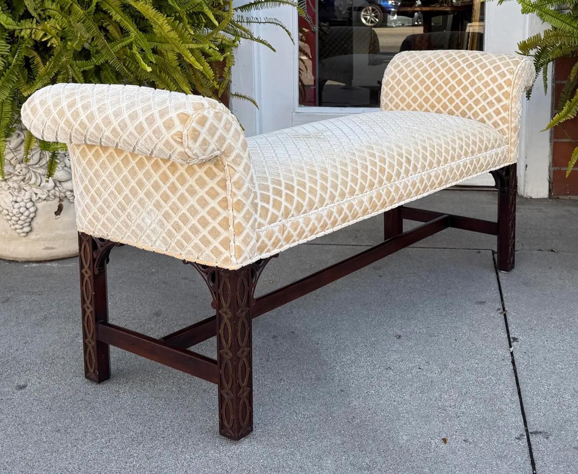 Antique Chippendale Nancy Corzine Silk Velvet Roll Arm Bench In Good Condition In LOS ANGELES, CA