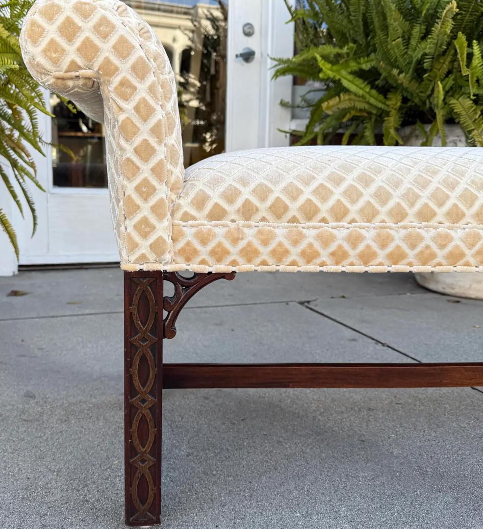 20th Century Antique Chippendale Nancy Corzine Silk Velvet Roll Arm Bench