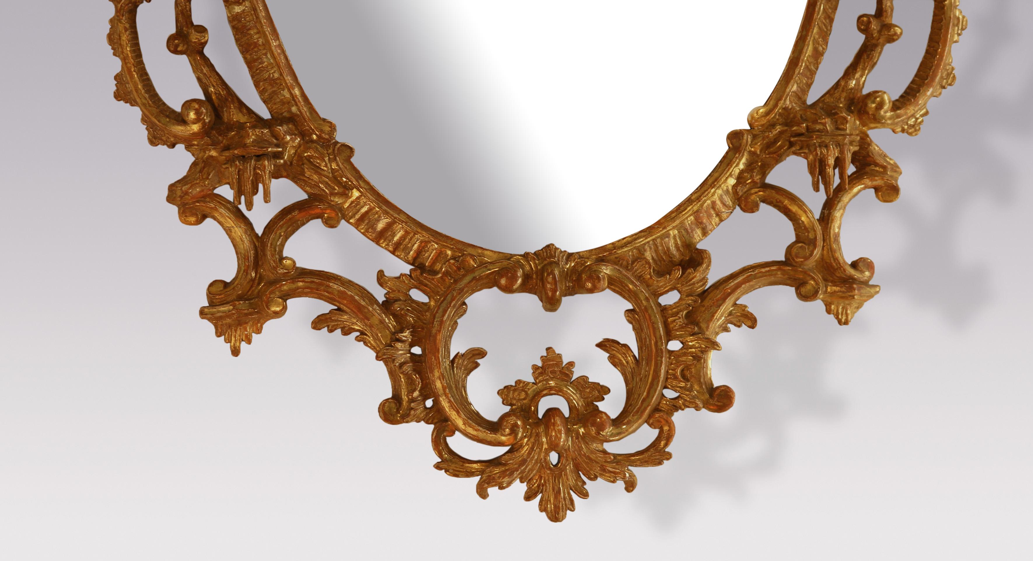 English Antique Chippendale Period Gilded Carved Wood Oval Mirror For Sale