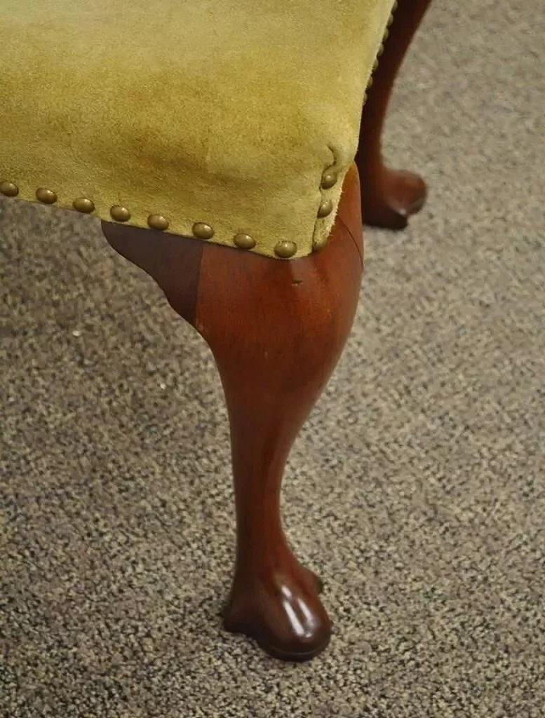 20th Century Antique Chippendale Queen Anne Style Mahogany Dining Side Chair with Suede Seat For Sale