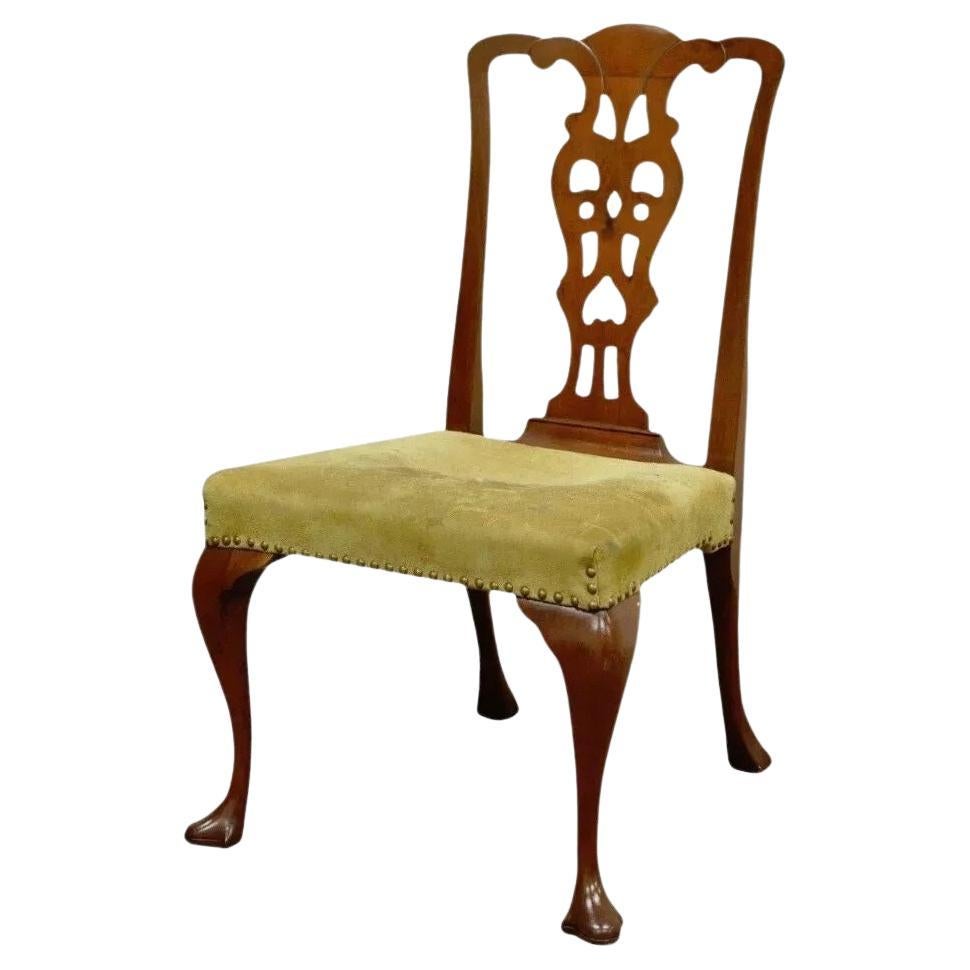Antique Chippendale Queen Anne Style Mahogany Dining Side Chair with Suede Seat For Sale