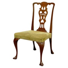 Antique Chippendale Queen Anne Style Mahogany Dining Side Chair with Suede Seat
